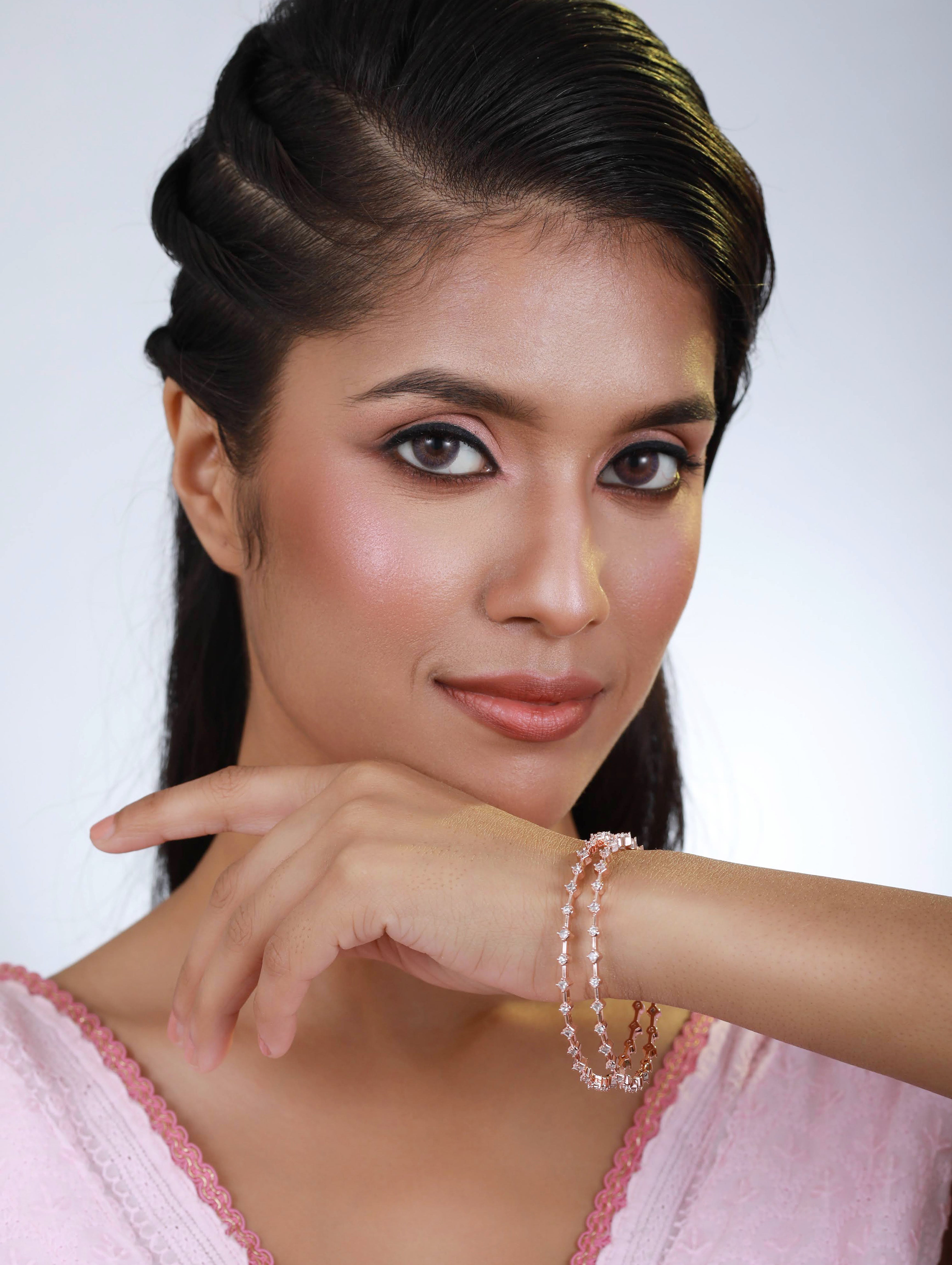 Set Of 2 Rose Gold-Plated & White Round American Diamond Studded Classy Bangles - Jazzandsizzle