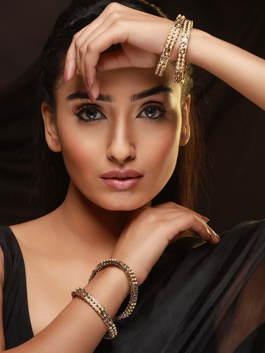 Set Of 4 Gold-Plated Pearl & White Kundan Studded Bangles - Jazzandsizzle