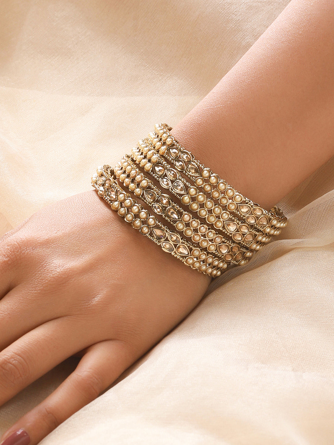 Set Of 4 Gold-Plated Pearl & White Kundan Studded Bangles - Jazzandsizzle