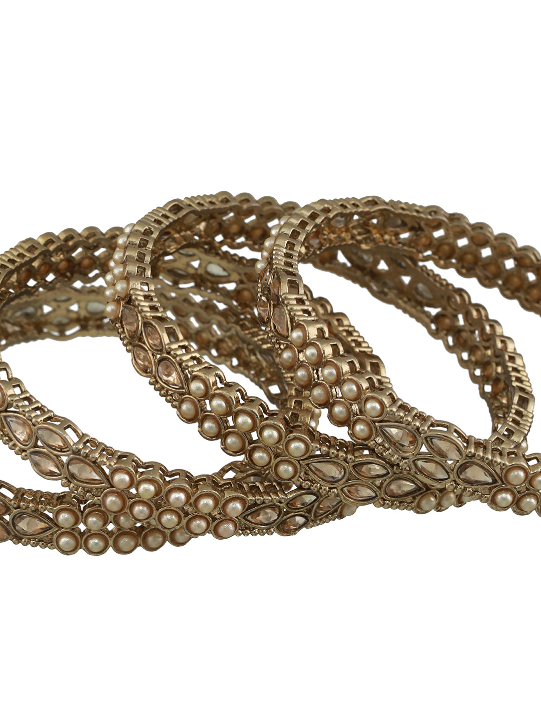 Set Of 4 Gold-Plated Pearl & White Kundan Studded Bangles - Jazzandsizzle