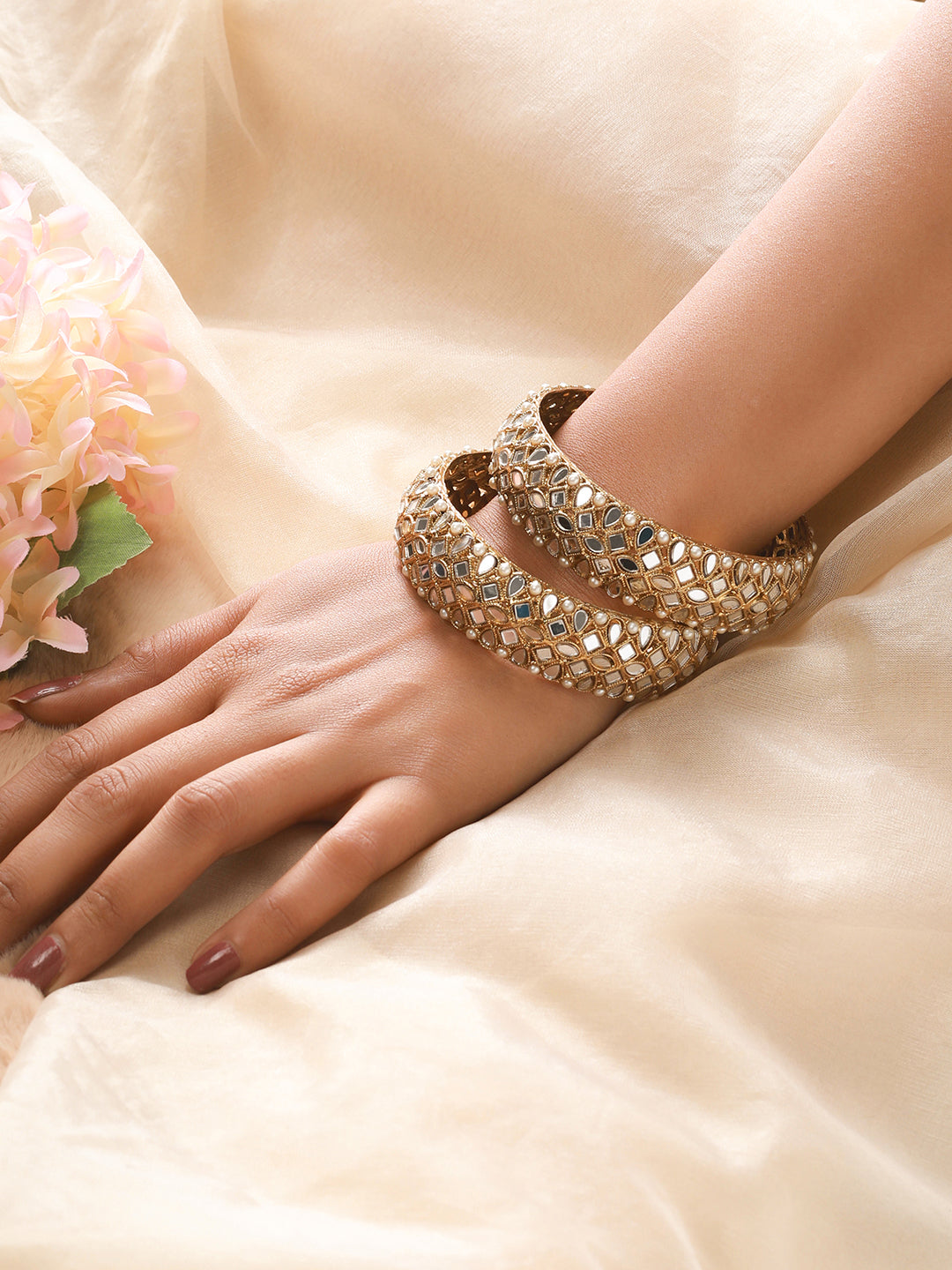 Set Of 2 Gold-Plated White Kundan & Pearl Studded Bangles - Jazzandsizzle