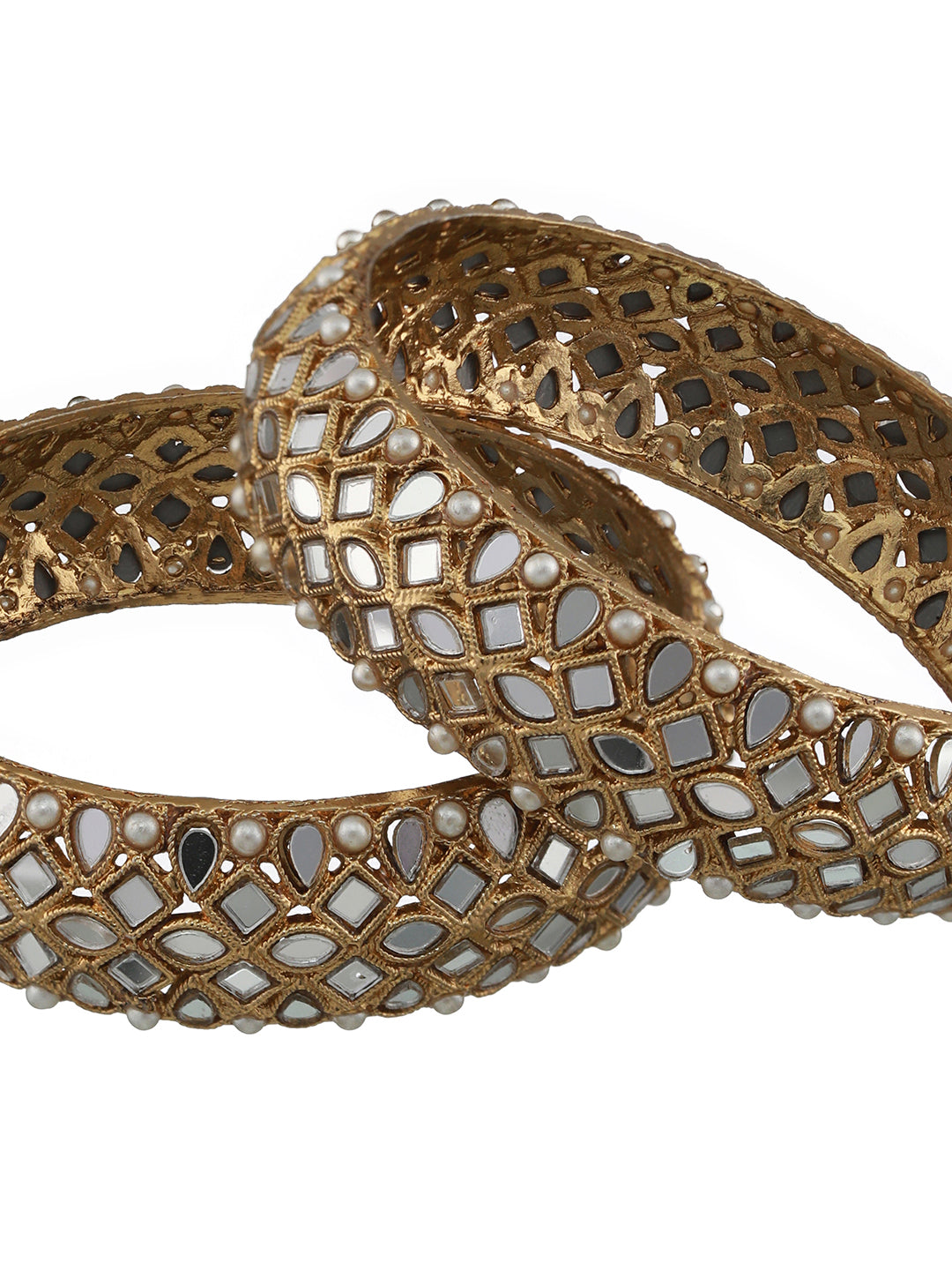 Set Of 2 Gold-Plated White Kundan & Pearl Studded Bangles - Jazzandsizzle