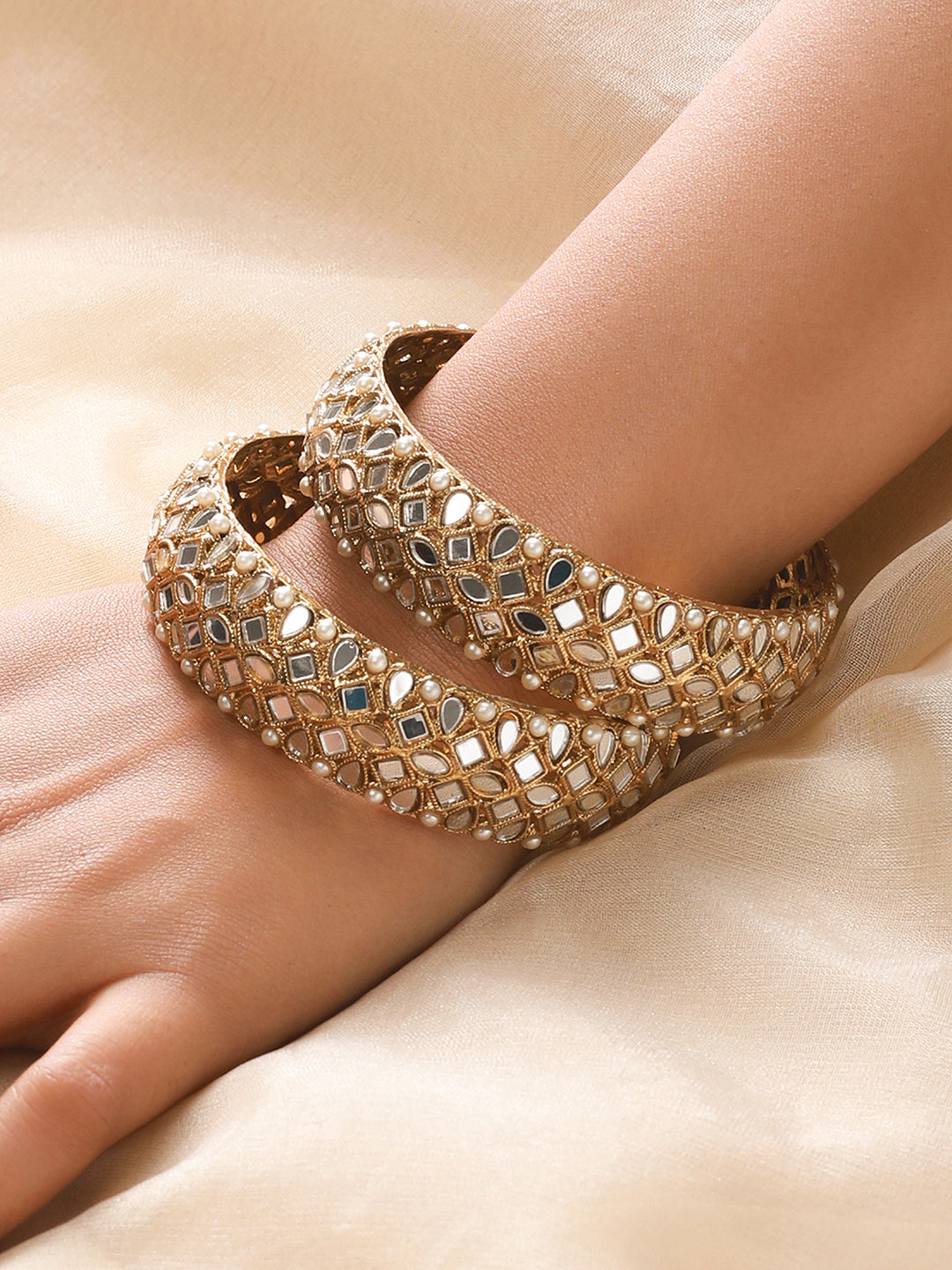 Set Of 2 Gold-Plated White Kundan & Pearl Studded Bangles - Jazzandsizzle