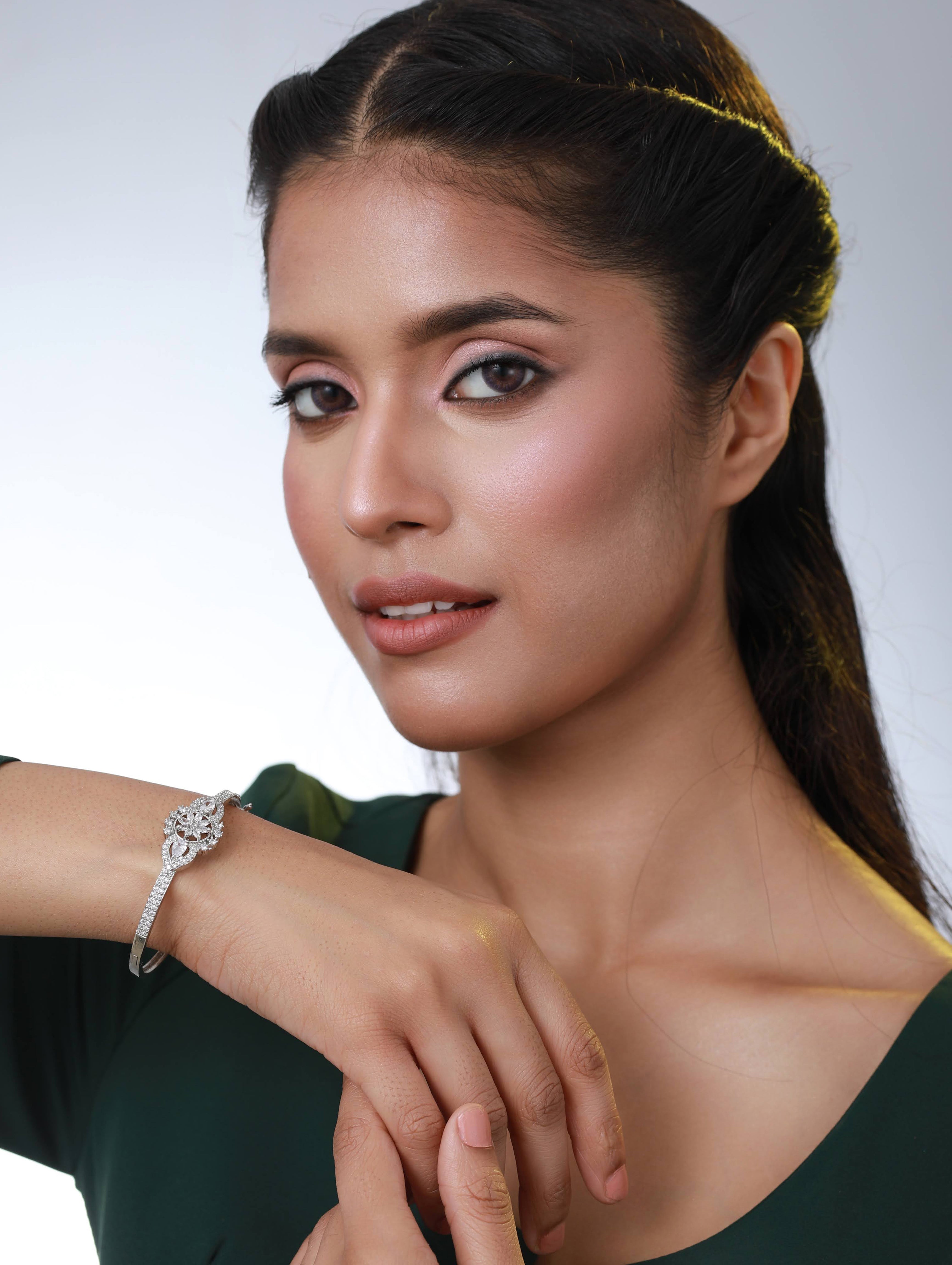 Silver-Toned & White American Diamond Handcrafted Silver-Plated Floral Shaped Bangle style Bracelet - Jazzandsizzle