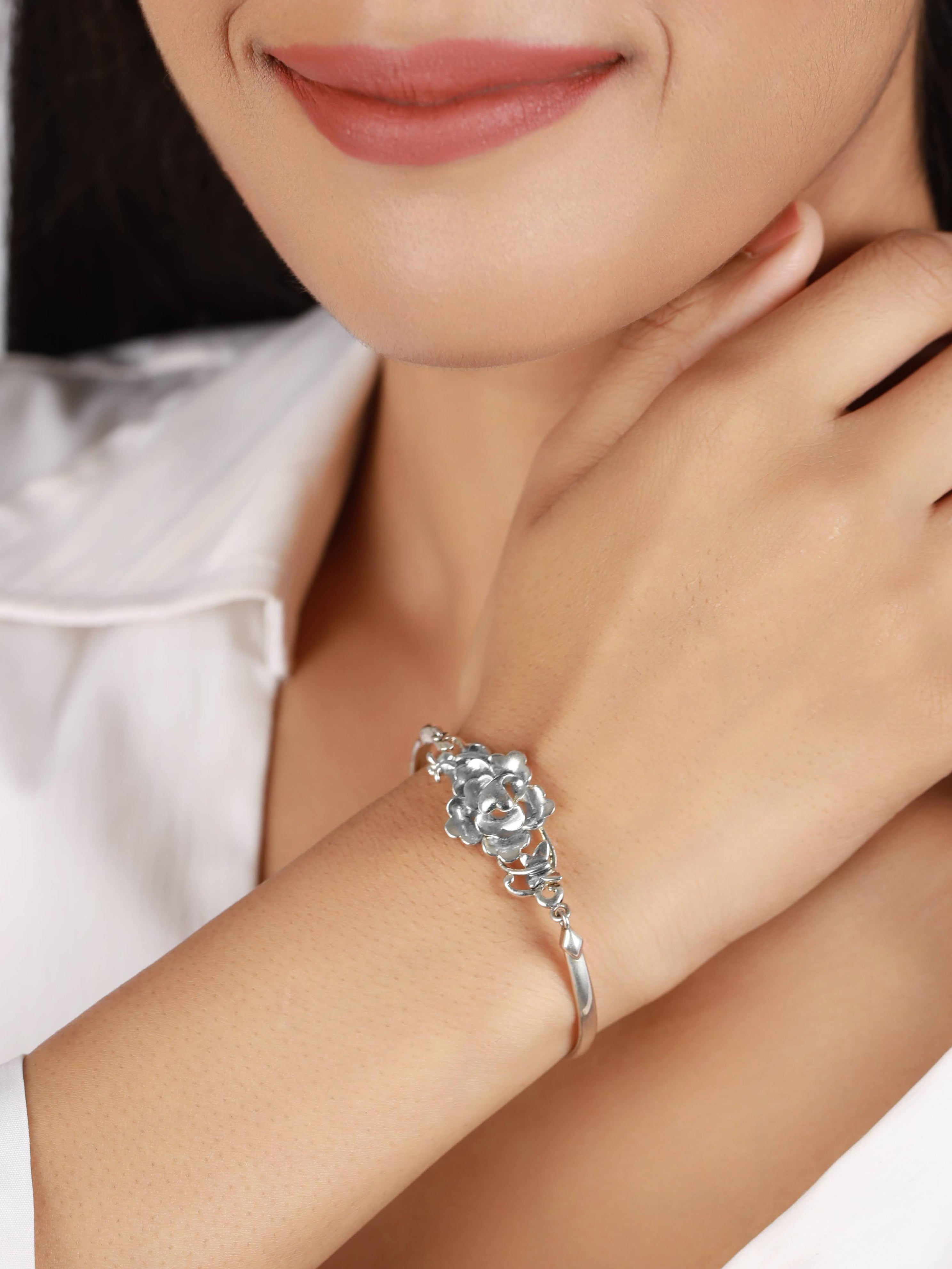 Set of 2 Gold Plated Kundan Studded & Silver Plated Floral Shaped Bracelet - Jazzandsizzle