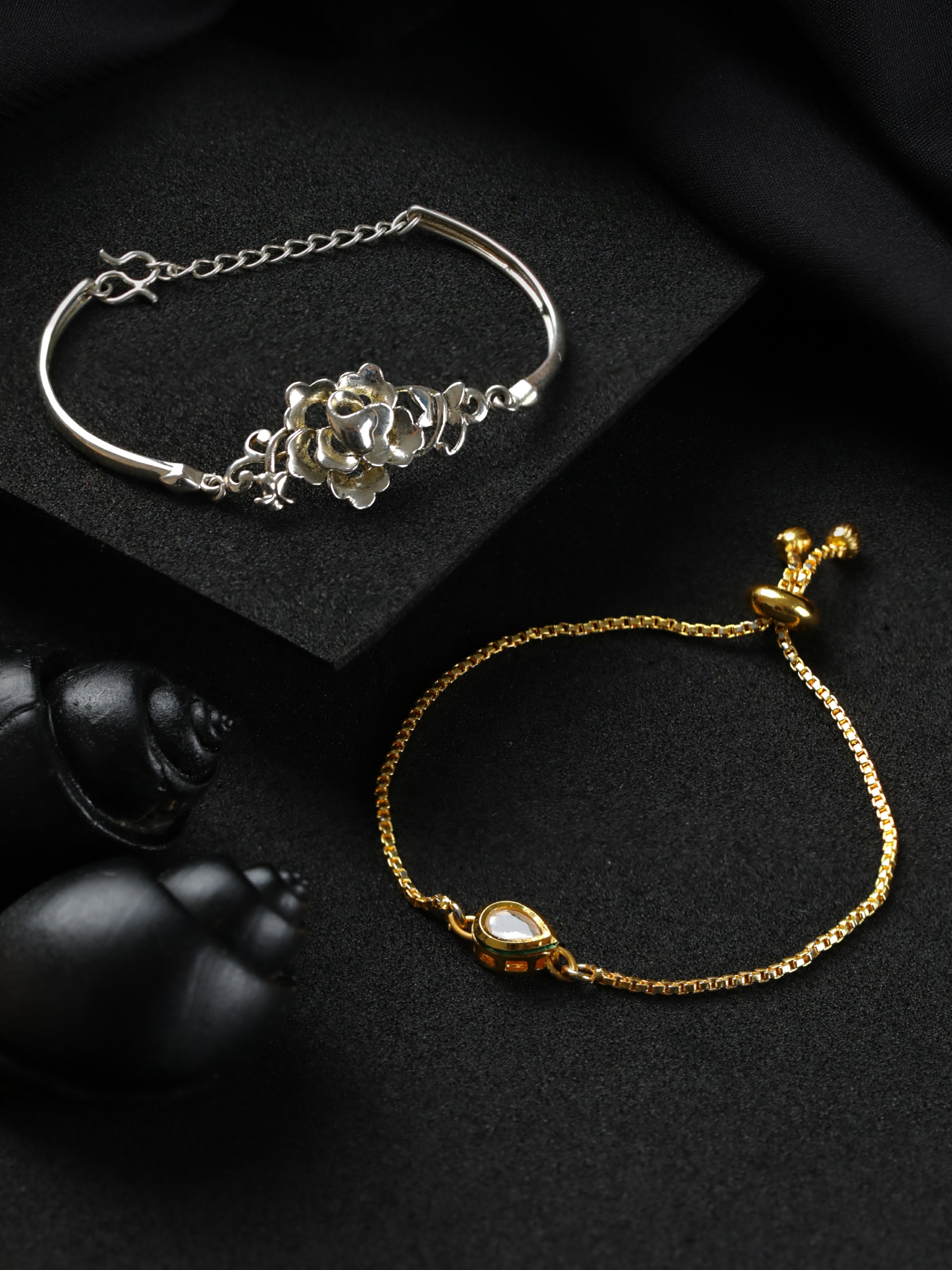 Set of 2 Gold Plated Kundan Studded & Silver Plated Floral Shaped Bracelet - Jazzandsizzle