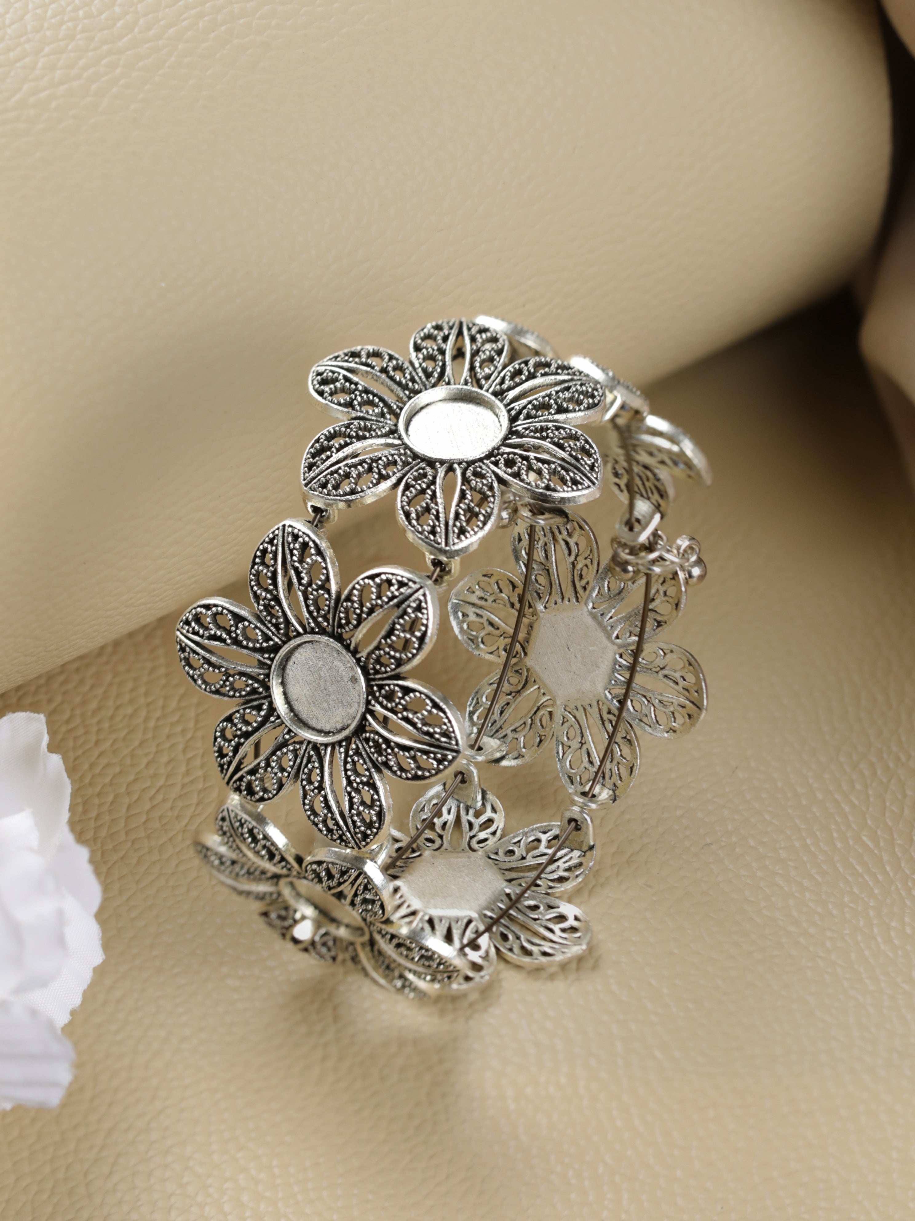 Women Silver-Plated & Floral Style Oxidised Bangle-Style Bracelet - Jazzandsizzle