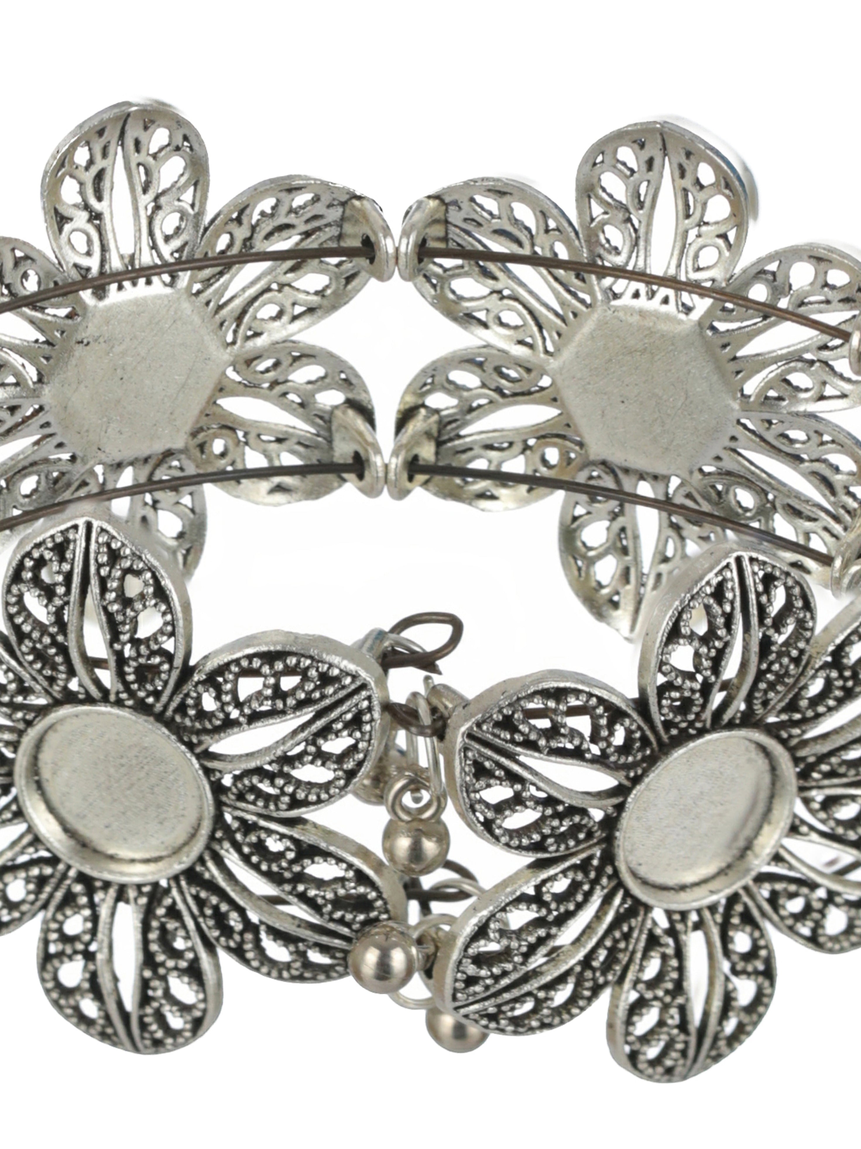 Women Silver-Plated & Floral Style Oxidised Bangle-Style Bracelet - Jazzandsizzle