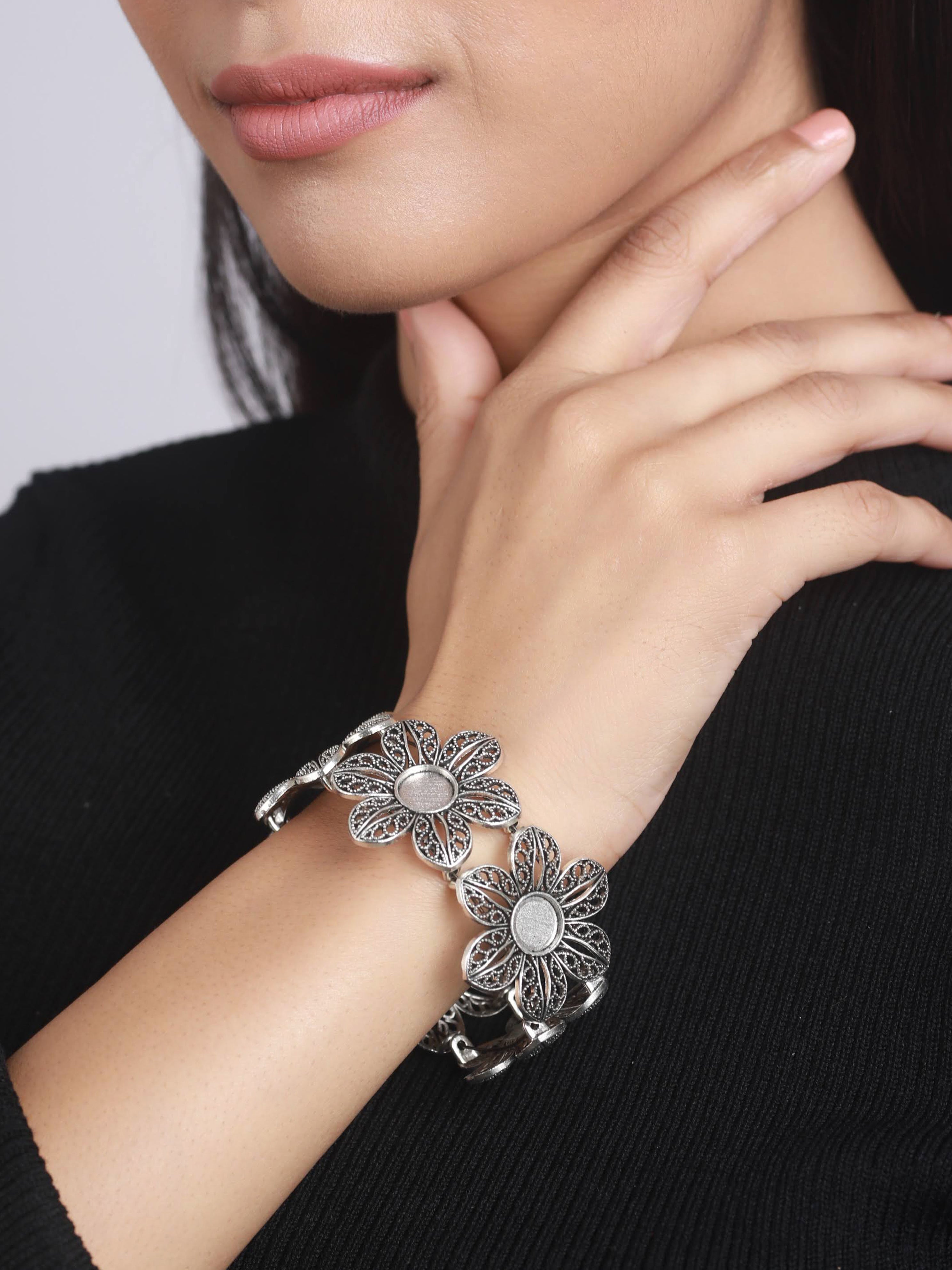 Women Silver-Plated & Floral Style Oxidised Bangle-Style Bracelet - Jazzandsizzle
