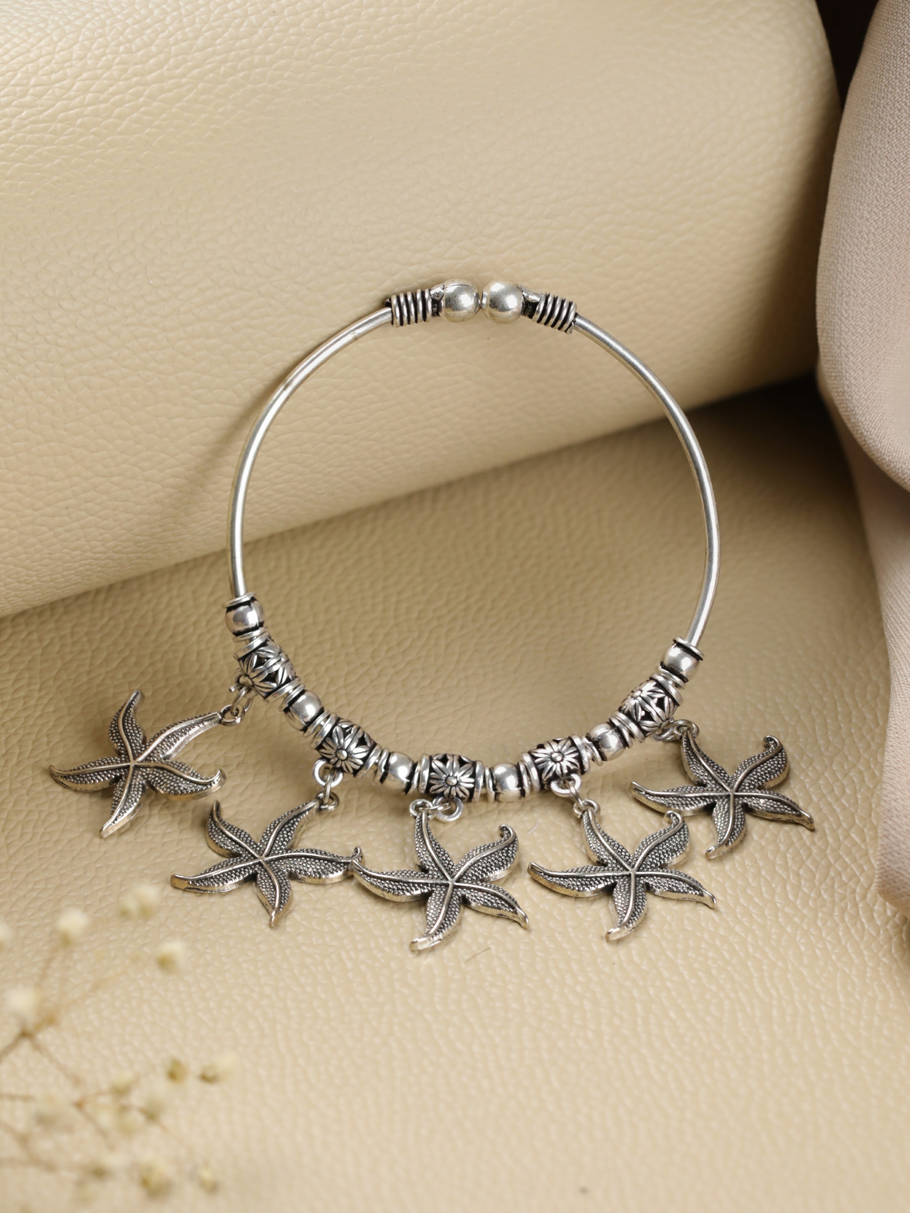 Women Oxidised Silver-Toned & Oxidised Tribal Brass Star Charm Bracelet - Jazzandsizzle