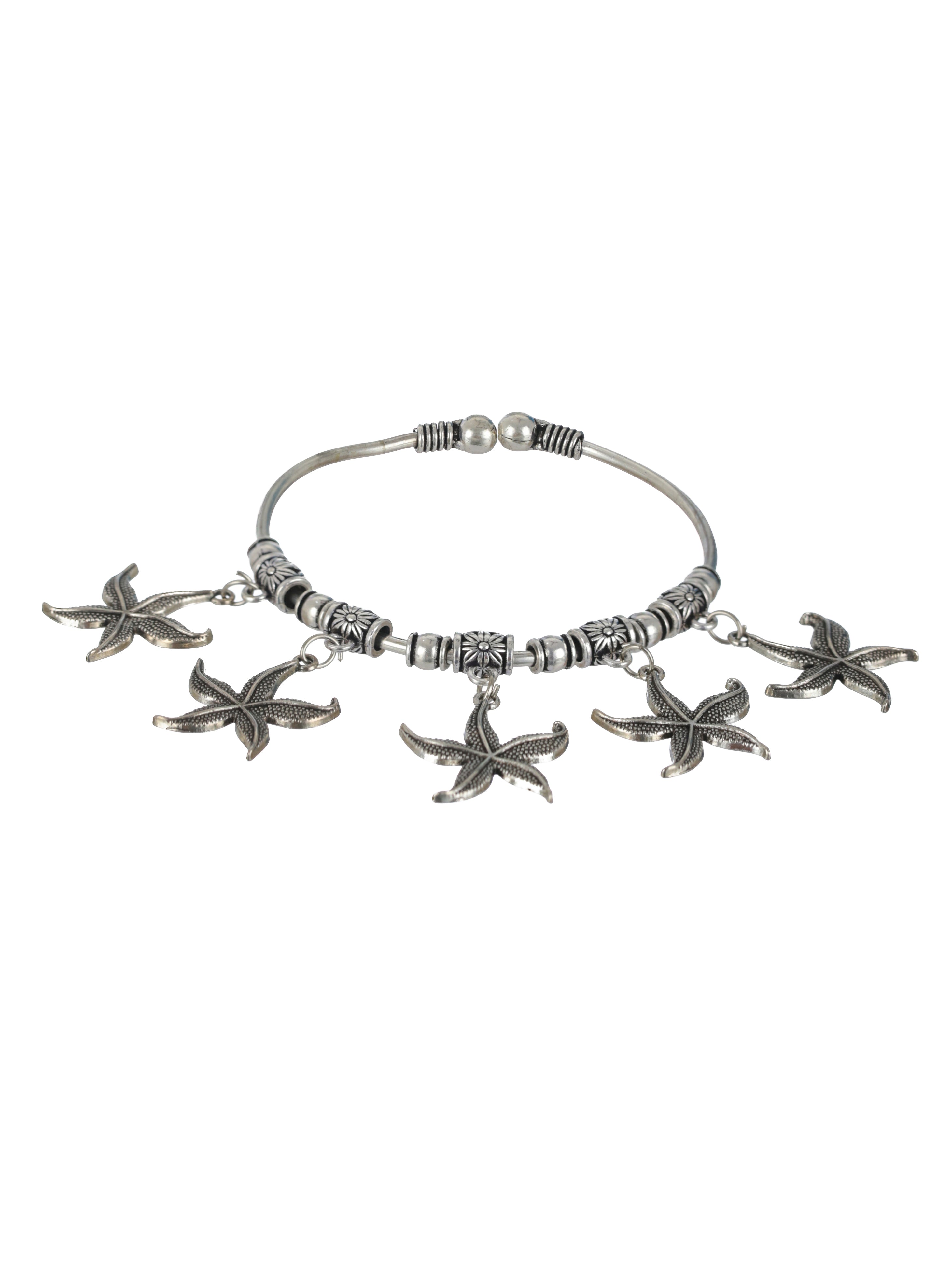 Women Oxidised Silver-Toned & Oxidised Tribal Brass Star Charm Bracelet - Jazzandsizzle