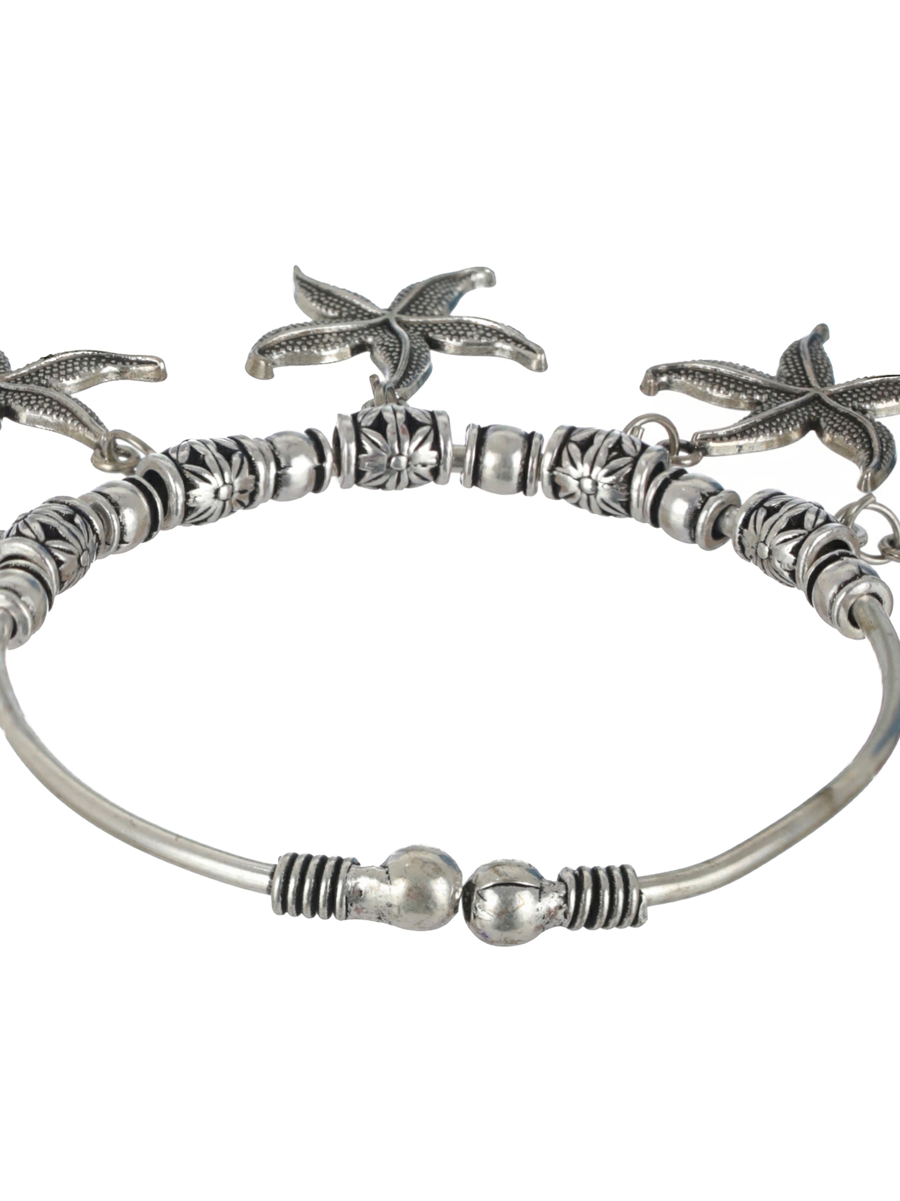 Women Oxidised Silver-Toned & Oxidised Tribal Brass Star Charm Bracelet - Jazzandsizzle