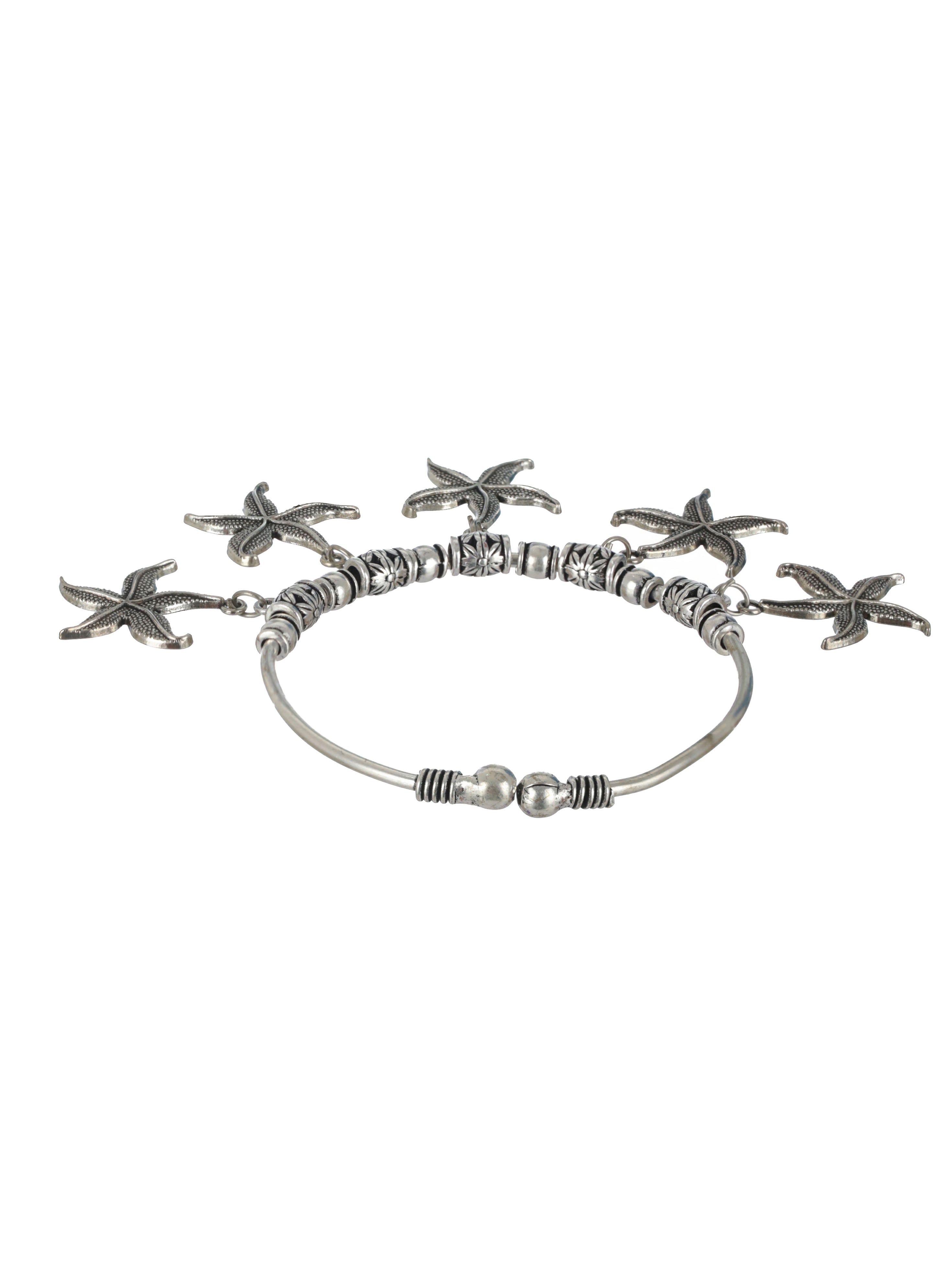 Women Oxidised Silver-Toned & Oxidised Tribal Brass Star Charm Bracelet - Jazzandsizzle