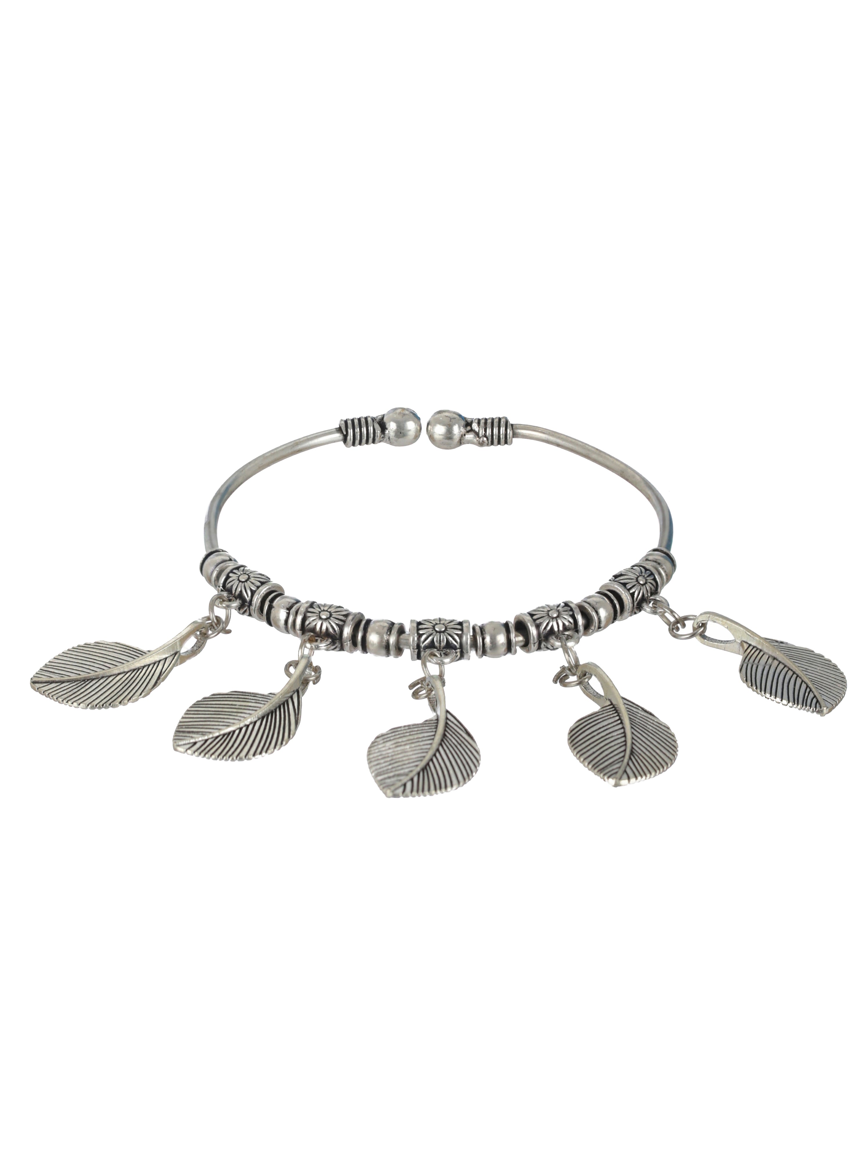 Women Oxidised Silver-Toned & Oxidised Tribal Brass Leaf Charm Bracelet - Jazzandsizzle
