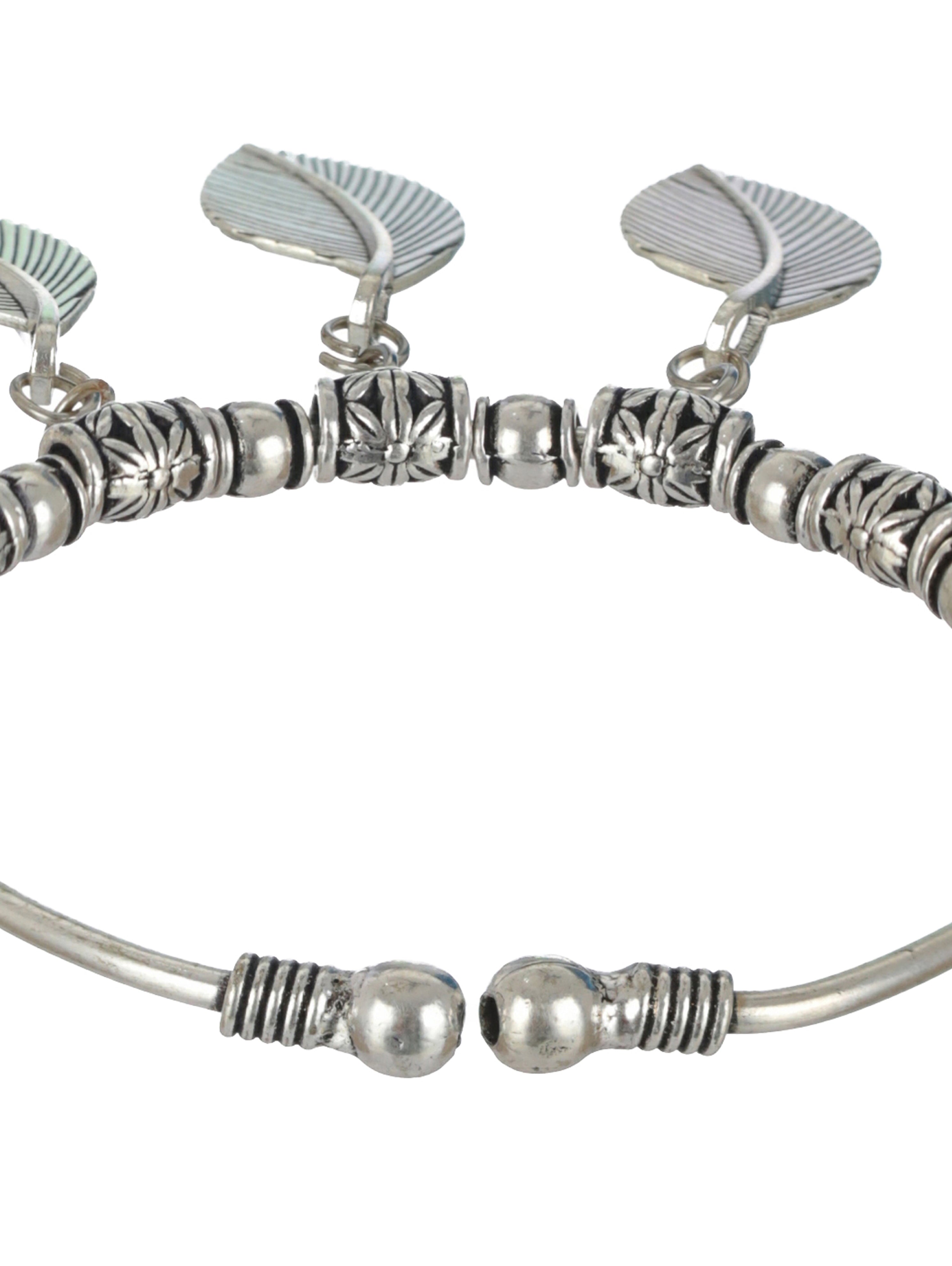 Women Oxidised Silver-Toned & Oxidised Tribal Brass Leaf Charm Bracelet - Jazzandsizzle