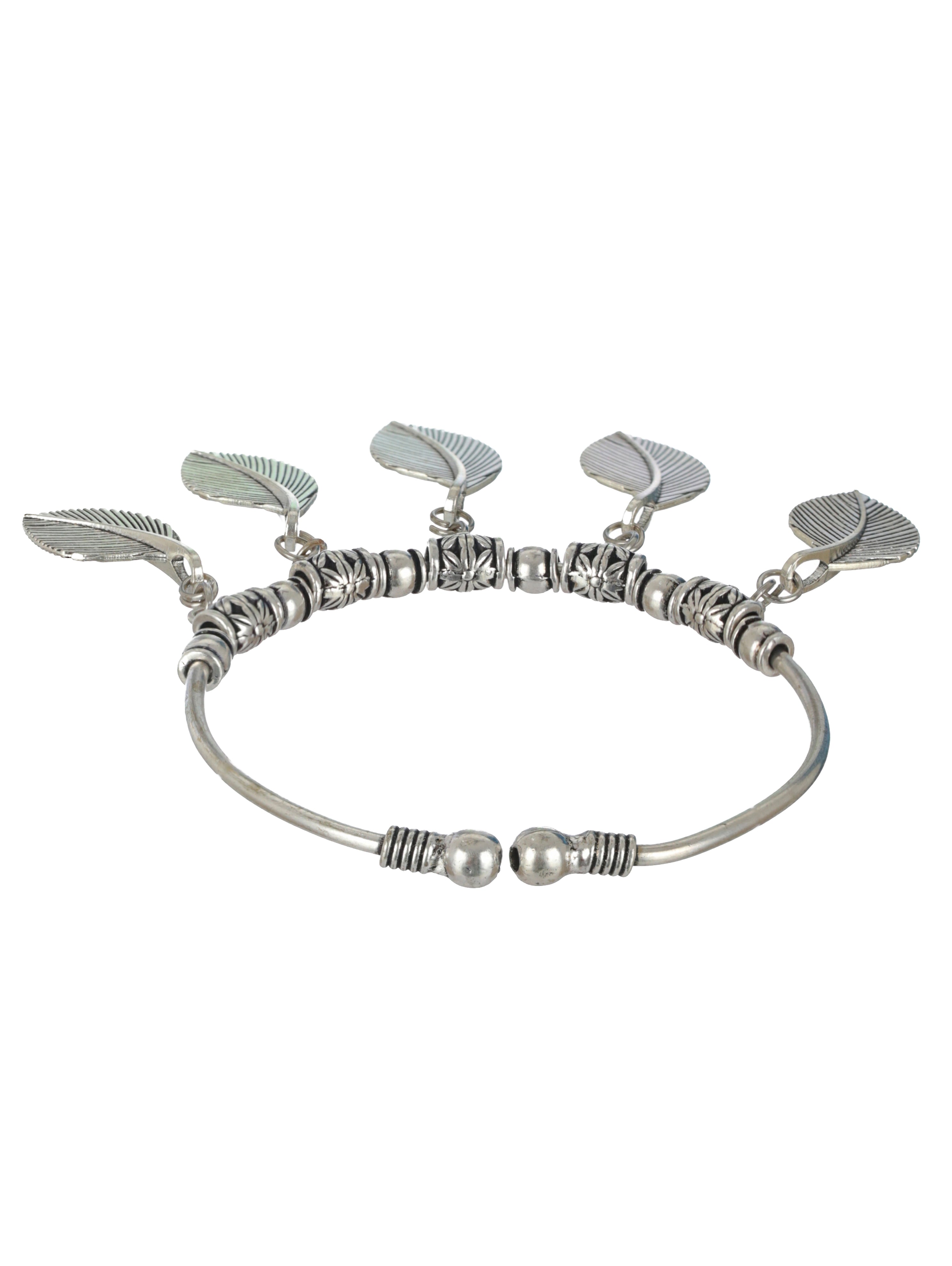 Women Oxidised Silver-Toned & Oxidised Tribal Brass Leaf Charm Bracelet - Jazzandsizzle