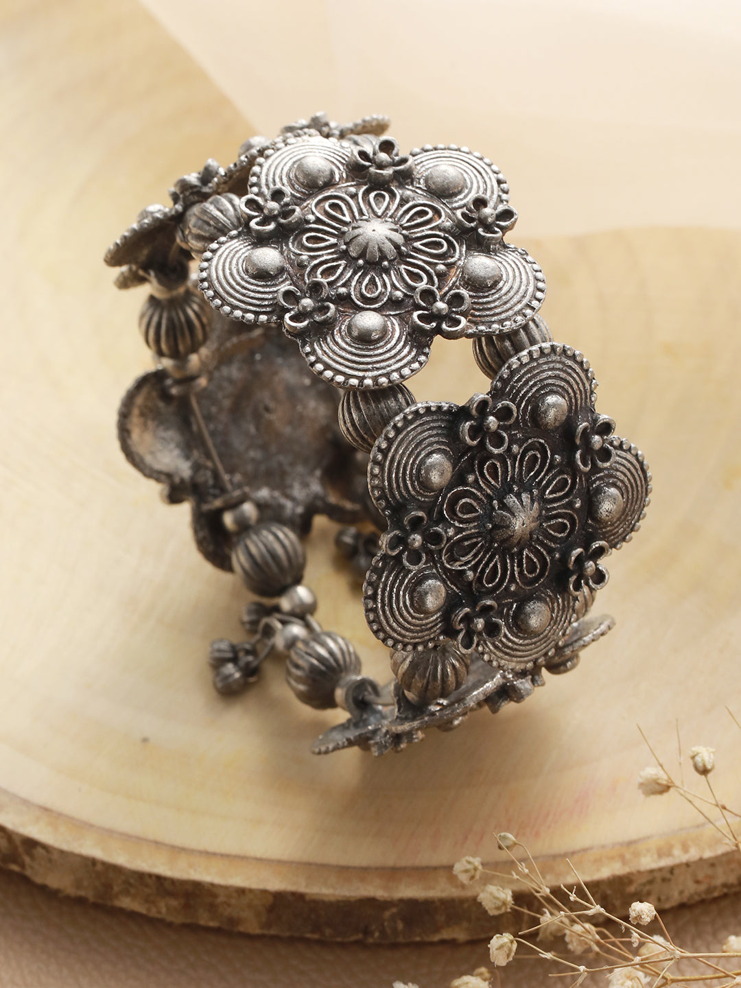 Women Silver-Toned Oxidised Bangle-Style Bracelet - Jazzandsizzle