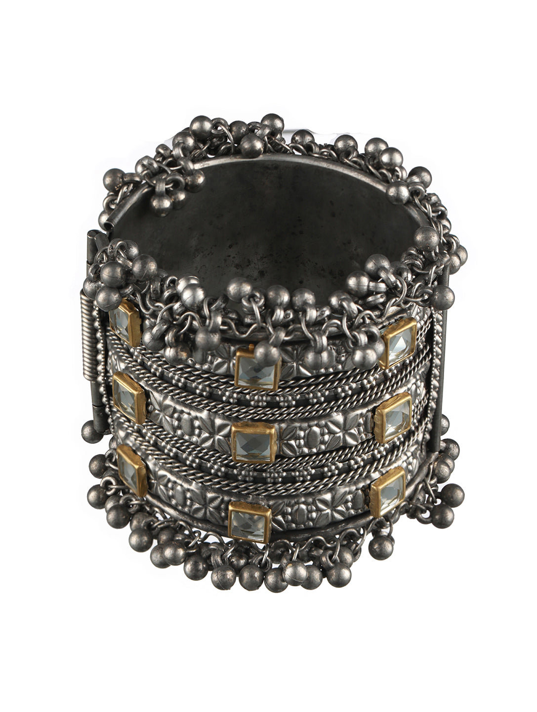 Silver-Plated & Gold Toned Kundan Studed Oxidized Tribal Ghungroo Cuff Bracelet - Jazzandsizzle