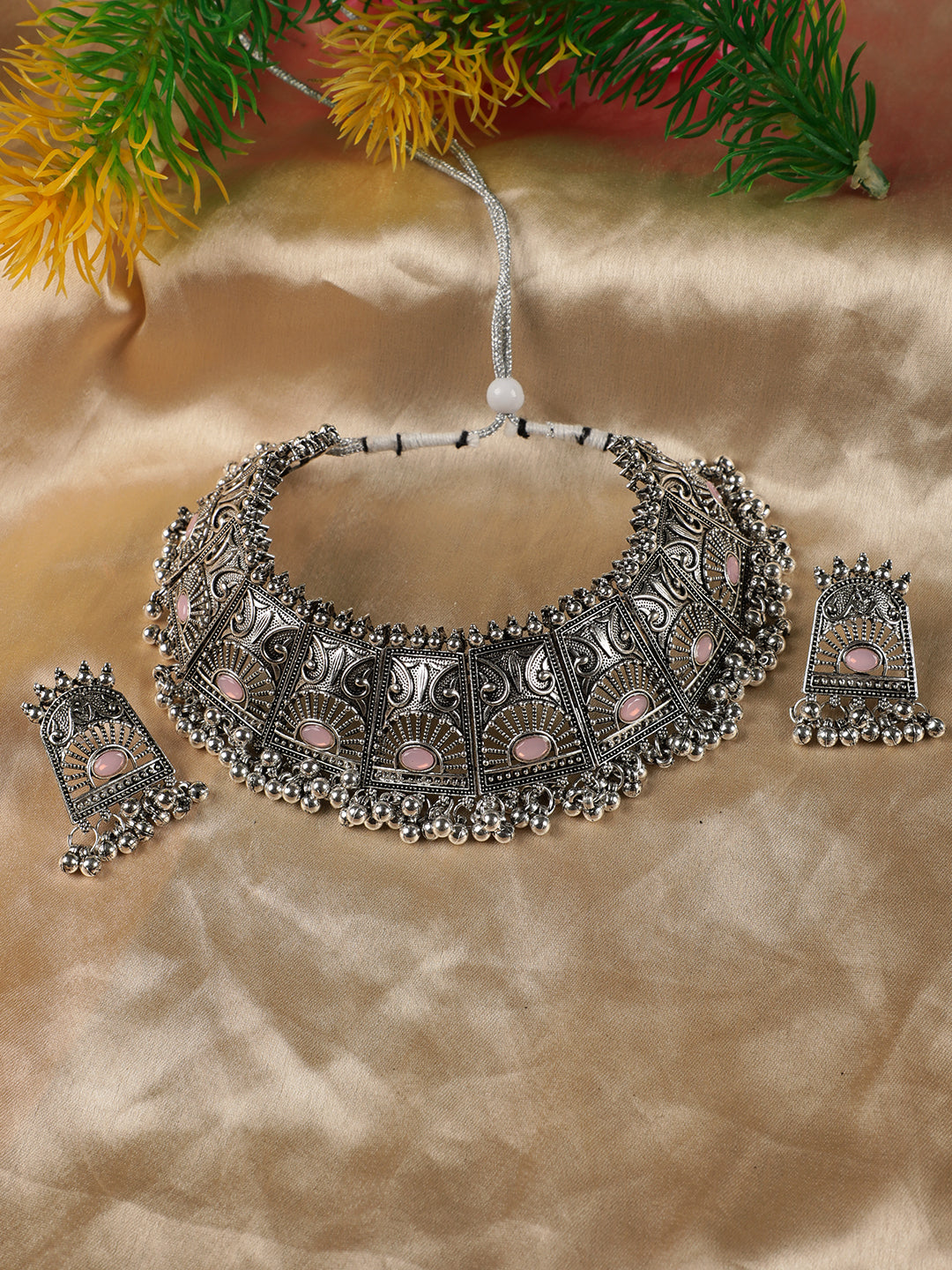 Pink Stones Studded OxidisedSilver Plated Jewellery Set - Jazzandsizzle