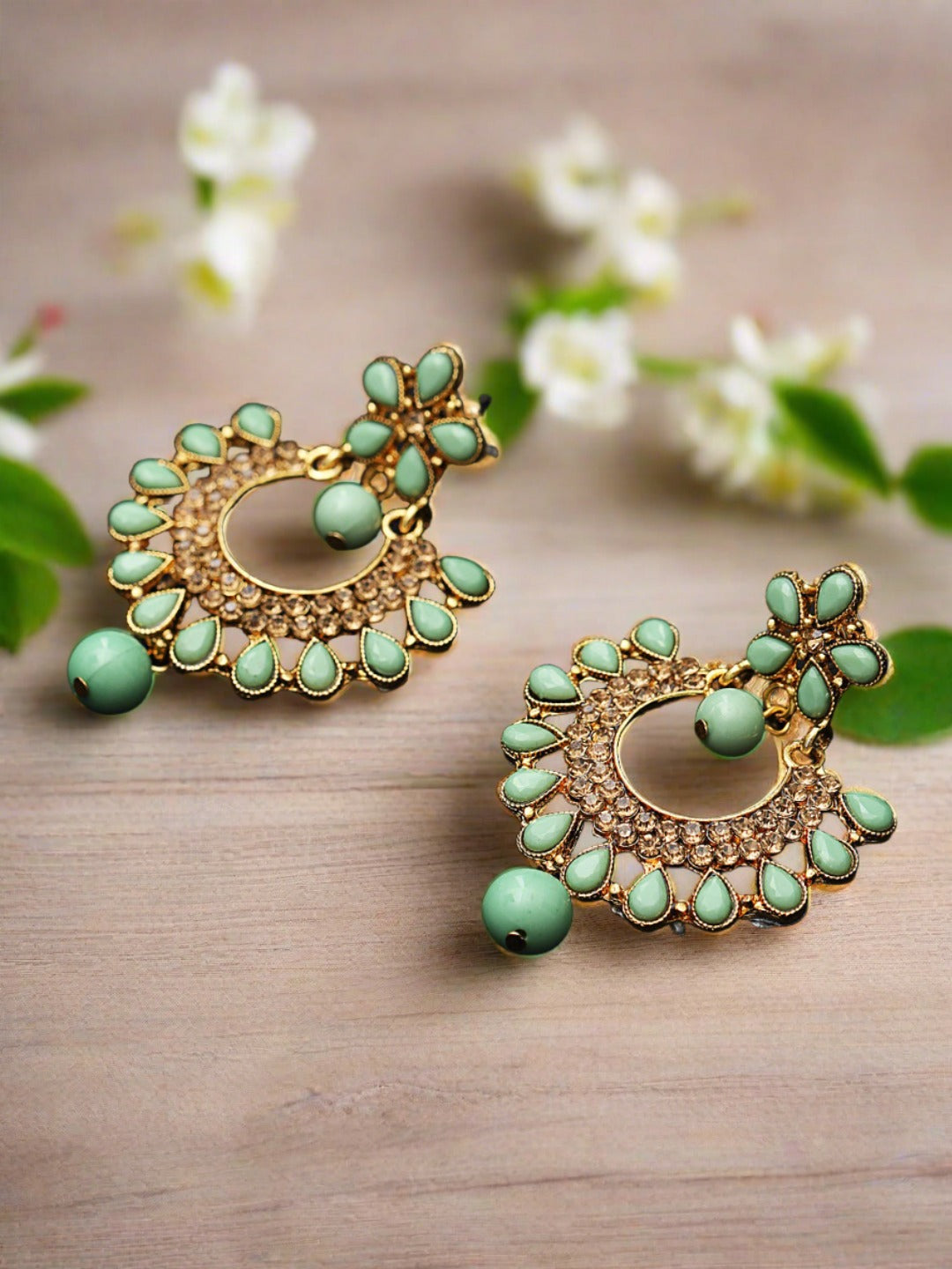 Green Gold-Plated Kundan-Studded Handcrafted Crescent-Shaped Chandbalis - Jazzandsizzle