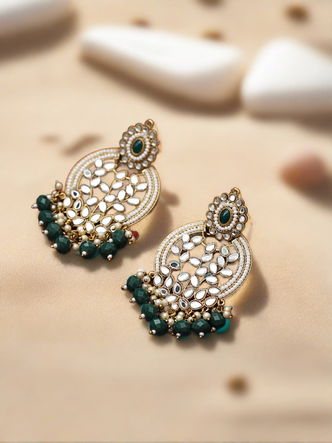 Green Gold-Plated stone Studded & Beadded Classic Drop Earrings - Jazzandsizzle
