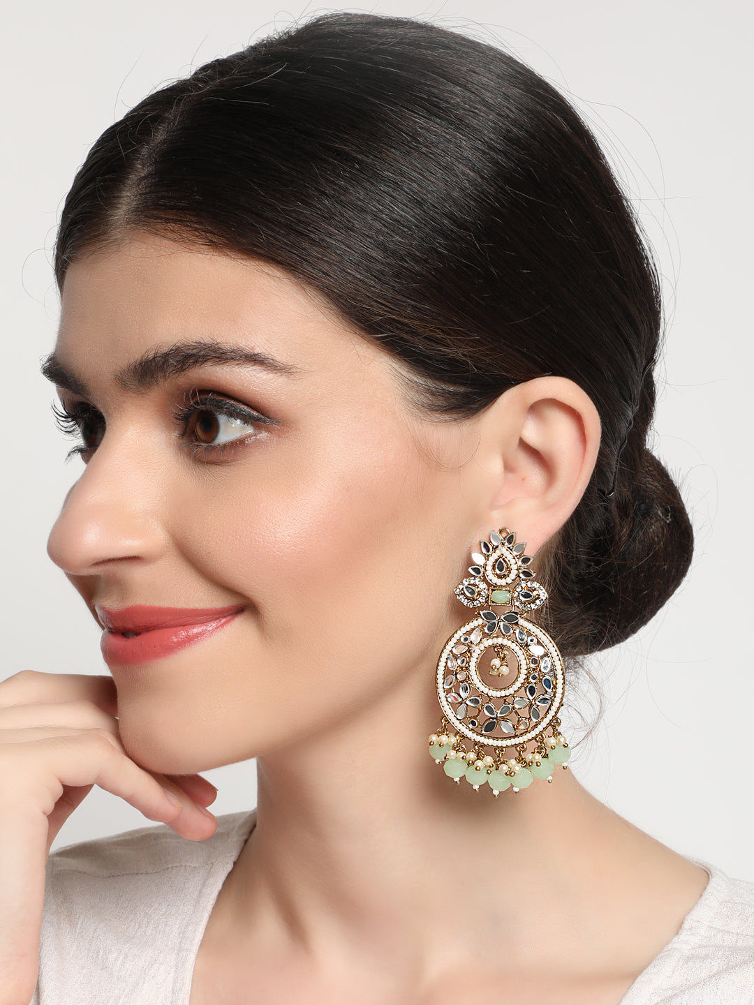 Mint Green Gold-Plated stone Studded & Beadded Crescent Shaped Chandbalis Earrings - Jazzandsizzle