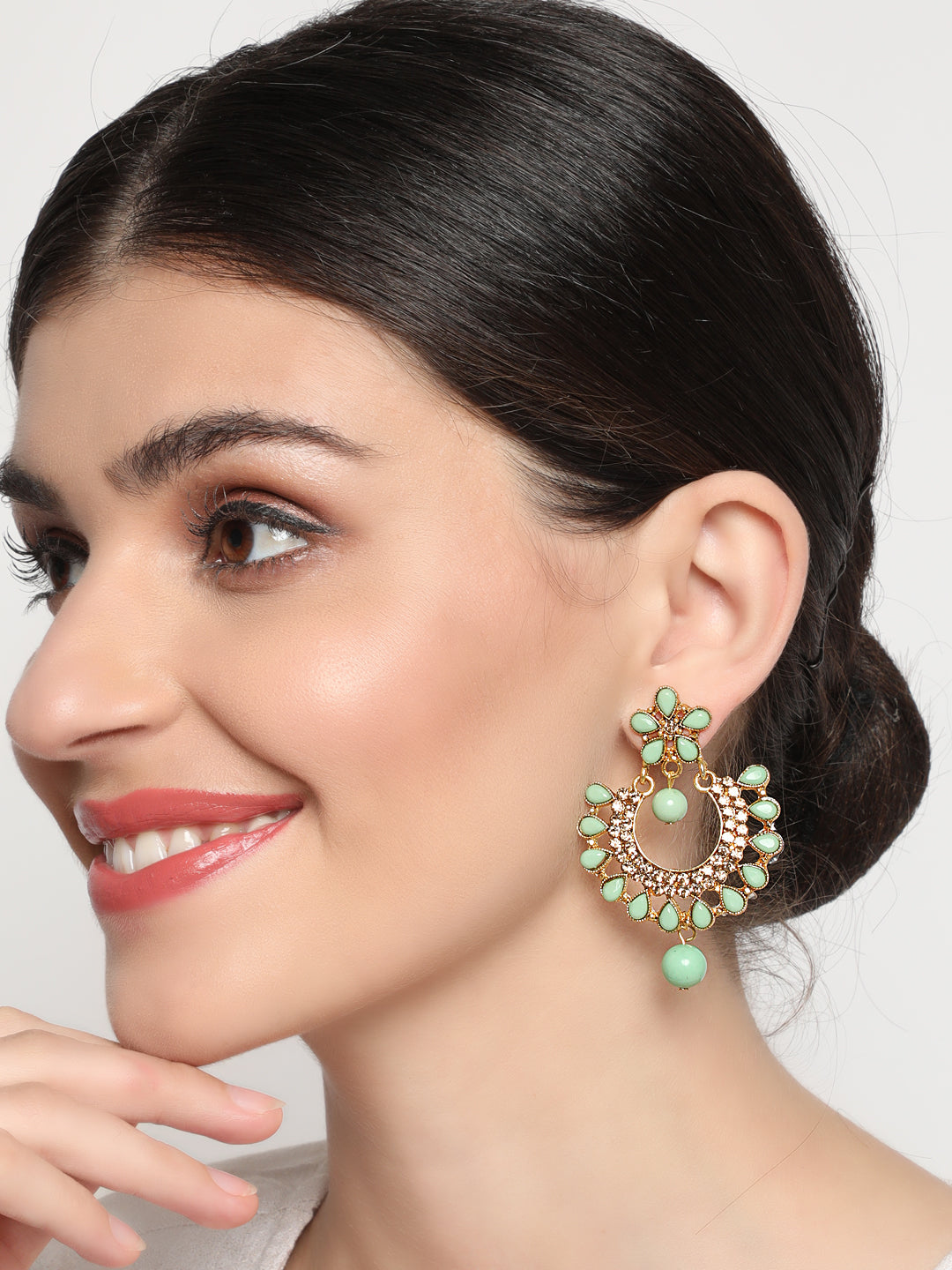 Green Gold-Plated Kundan-Studded Handcrafted Crescent-Shaped Chandbalis - Jazzandsizzle