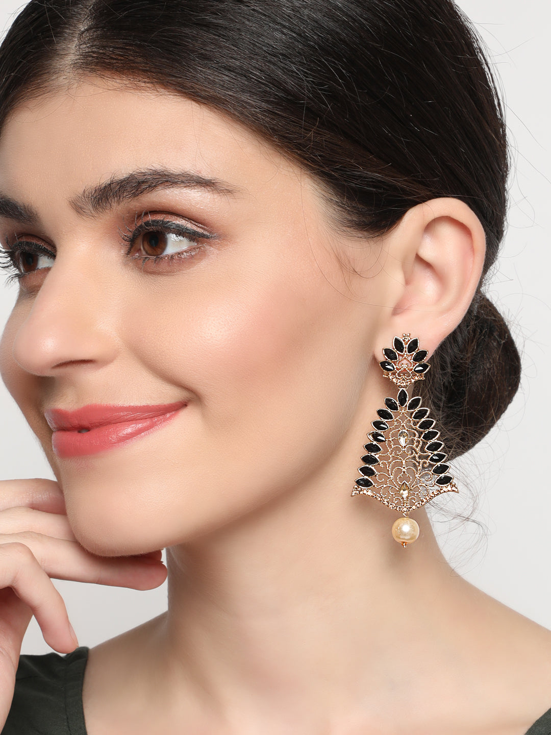 Gold Toned & Black kundan Studded Contemporary Drop Earrings - Jazzandsizzle