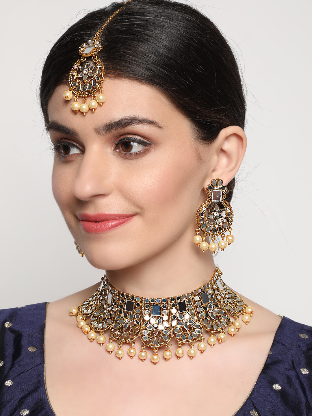 Gold-Plated White Coloured Stone-Studded & Cream Pearl Beaded Handcrafted Jewellery Set - Jazzandsizzle