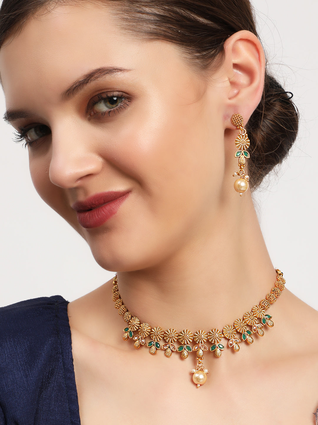 Gold-Plated & Green Stone Studded Handcrafted Jewellery Set - Jazzandsizzle