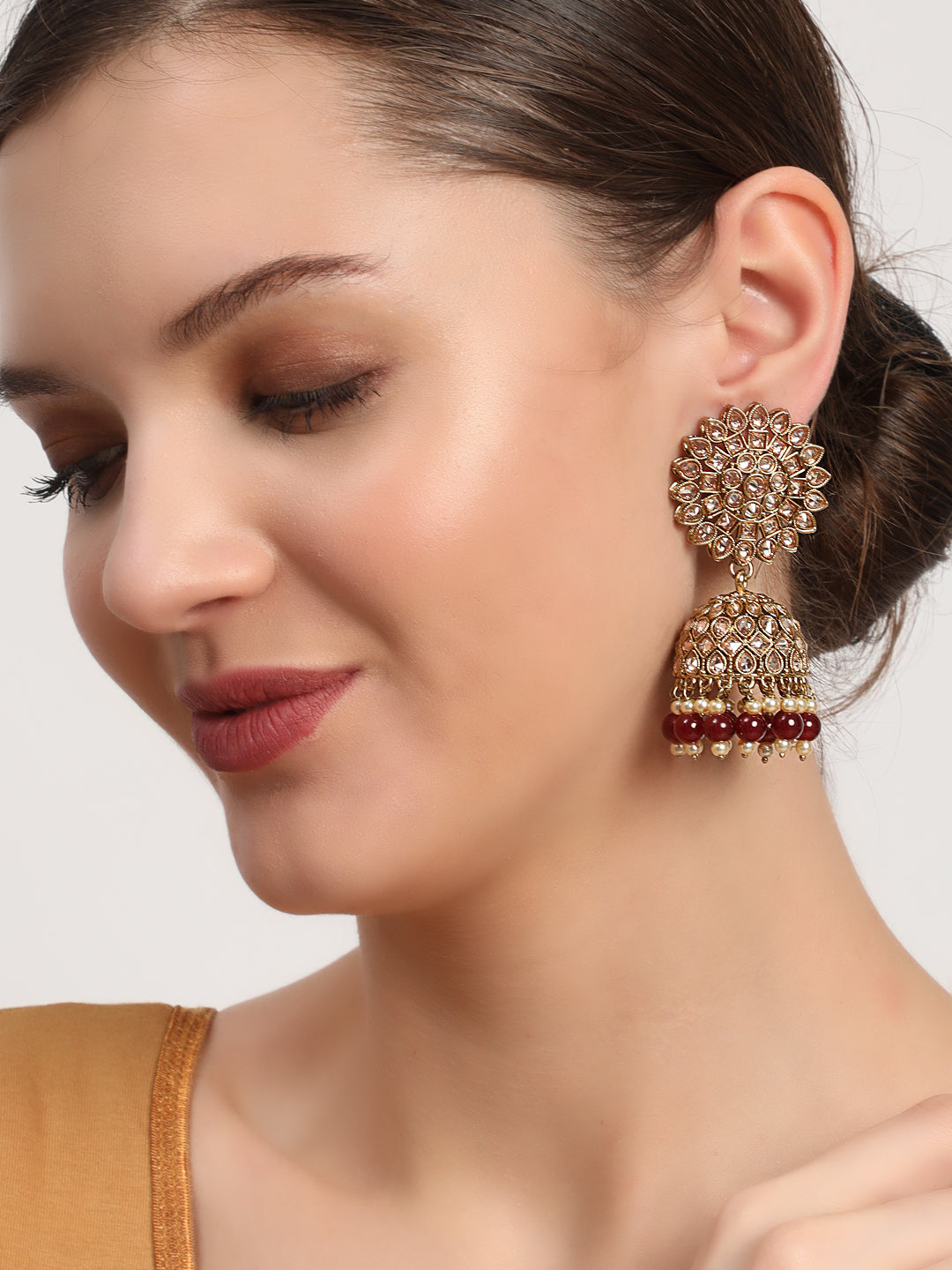 Gold-Toned & Ad studed Marron Beaded Contemporary Jhumkas - Jazzandsizzle