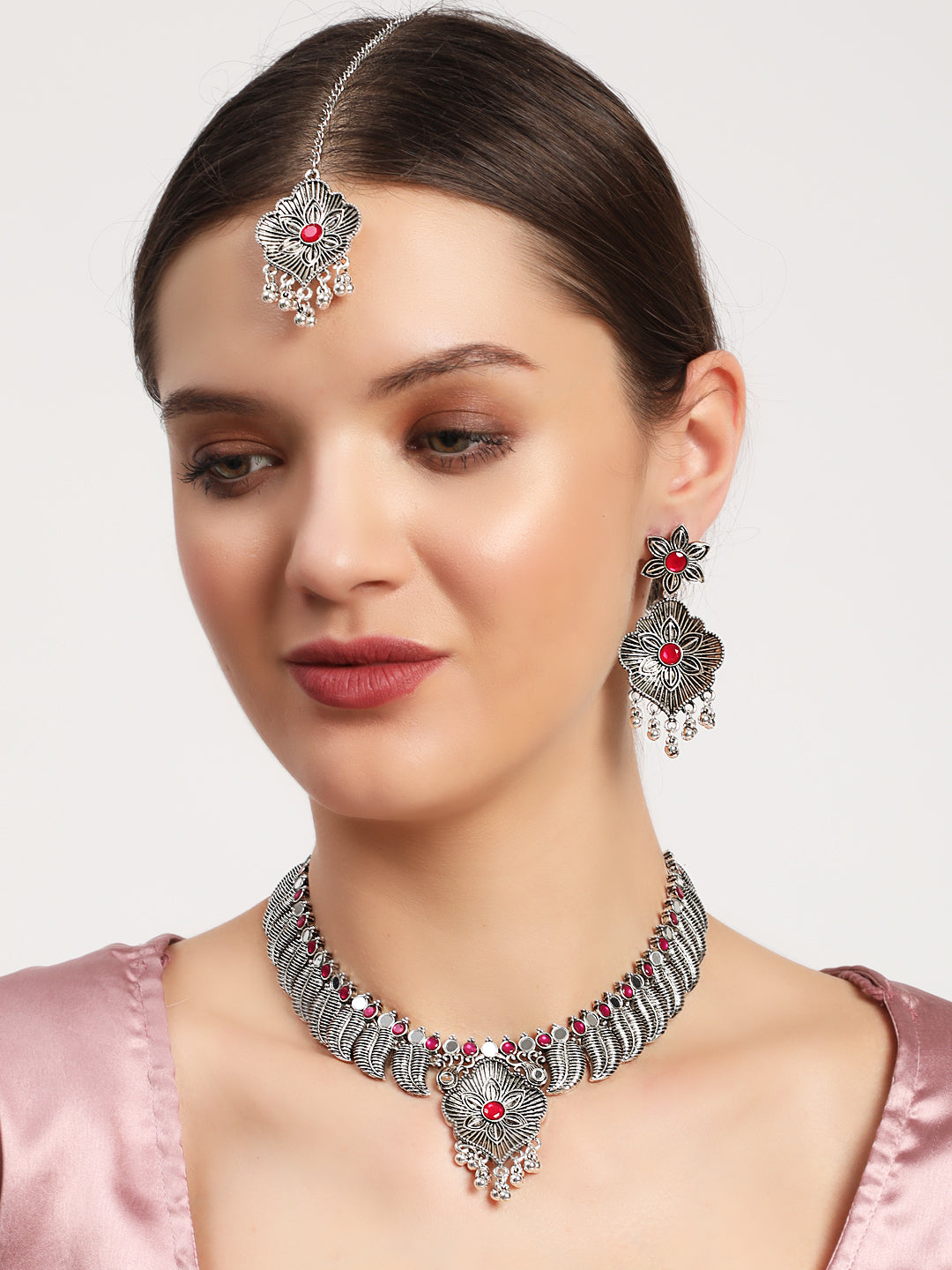 Ruby Stones Studded Oxidized Silver Plated Jewelry Set - Jazzandsizzle