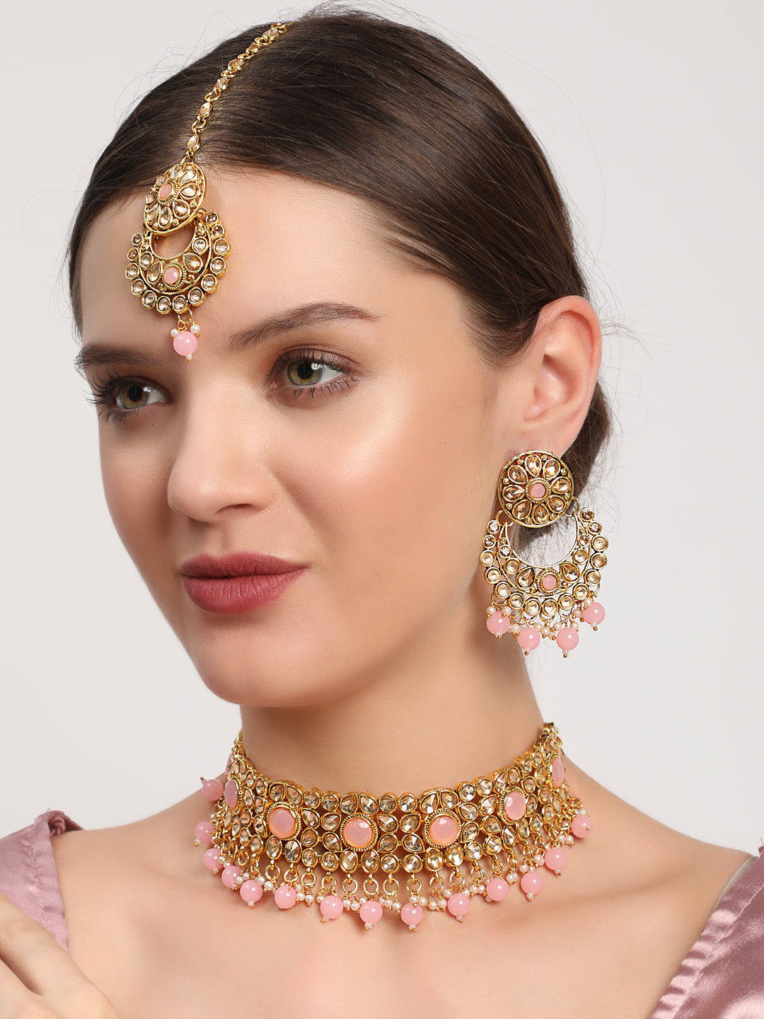 Pink Pearls Kundan Beads Gold Plated Choker Set with MaangTika - Jazzandsizzle
