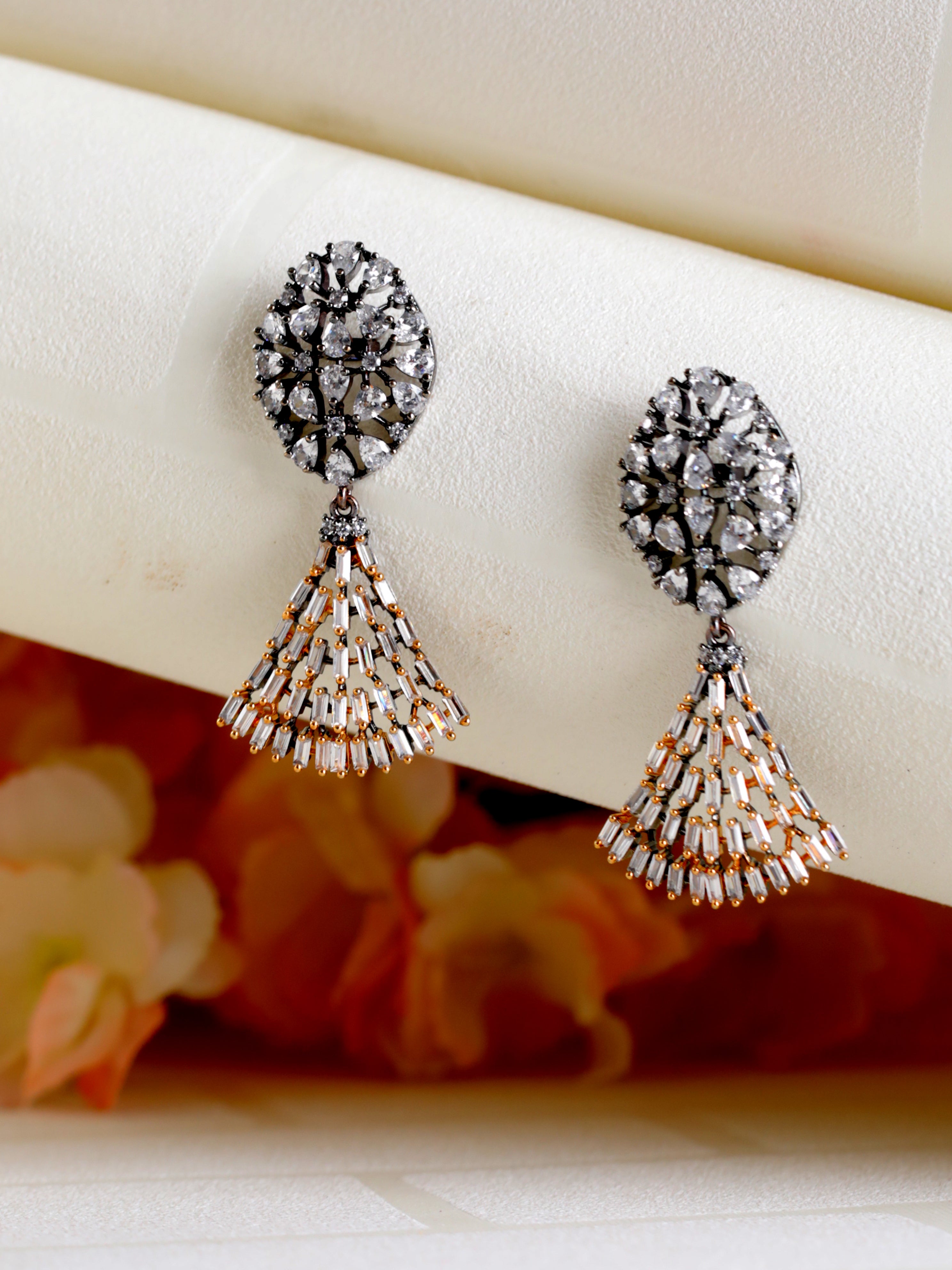 Rhodium-Plated White & Gold-Toned Contemporary Drop Earrings