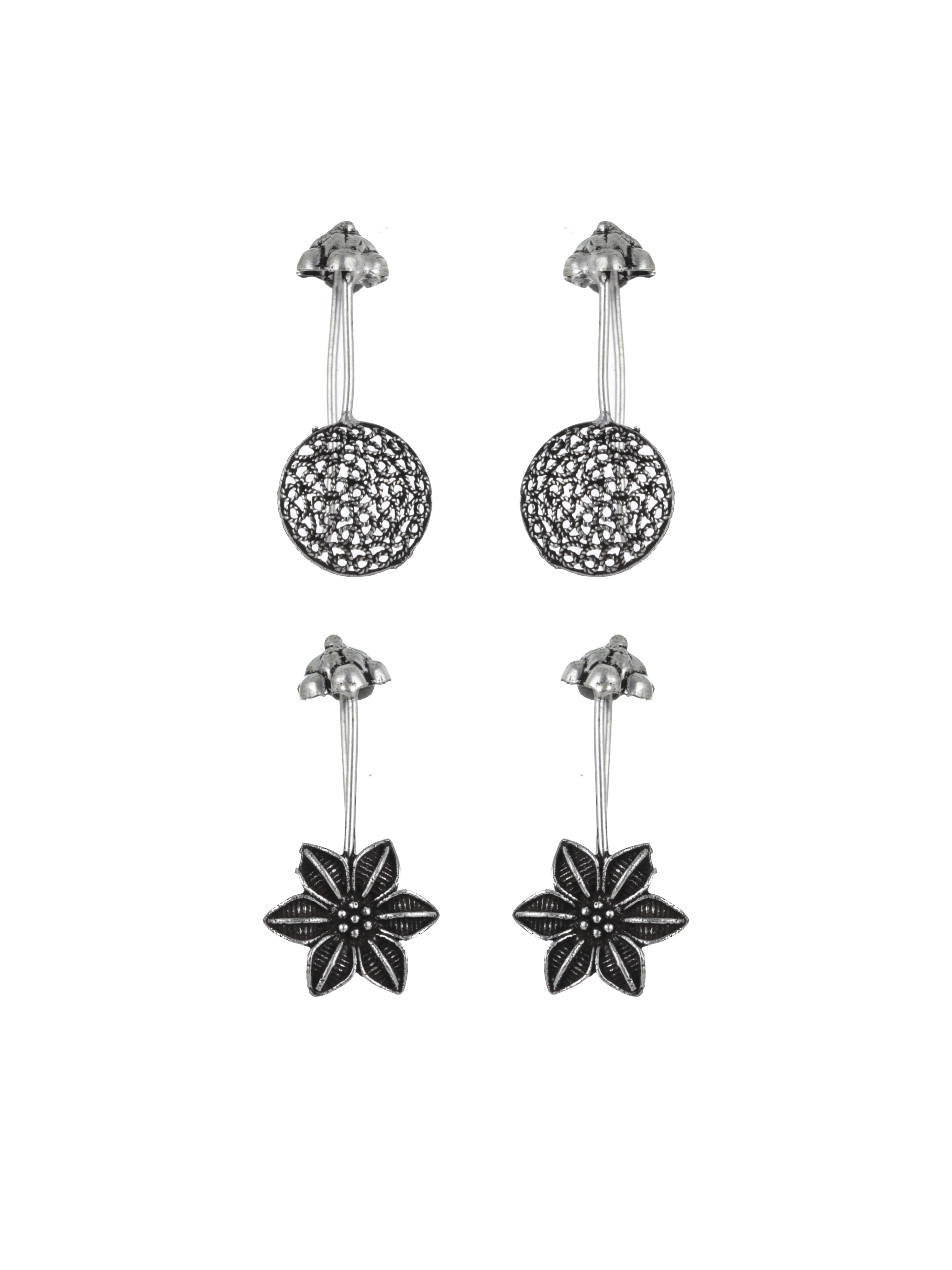 Set of 2 Silver-Toned & Floral Ear Cuff Earrings - Jazzandsizzle