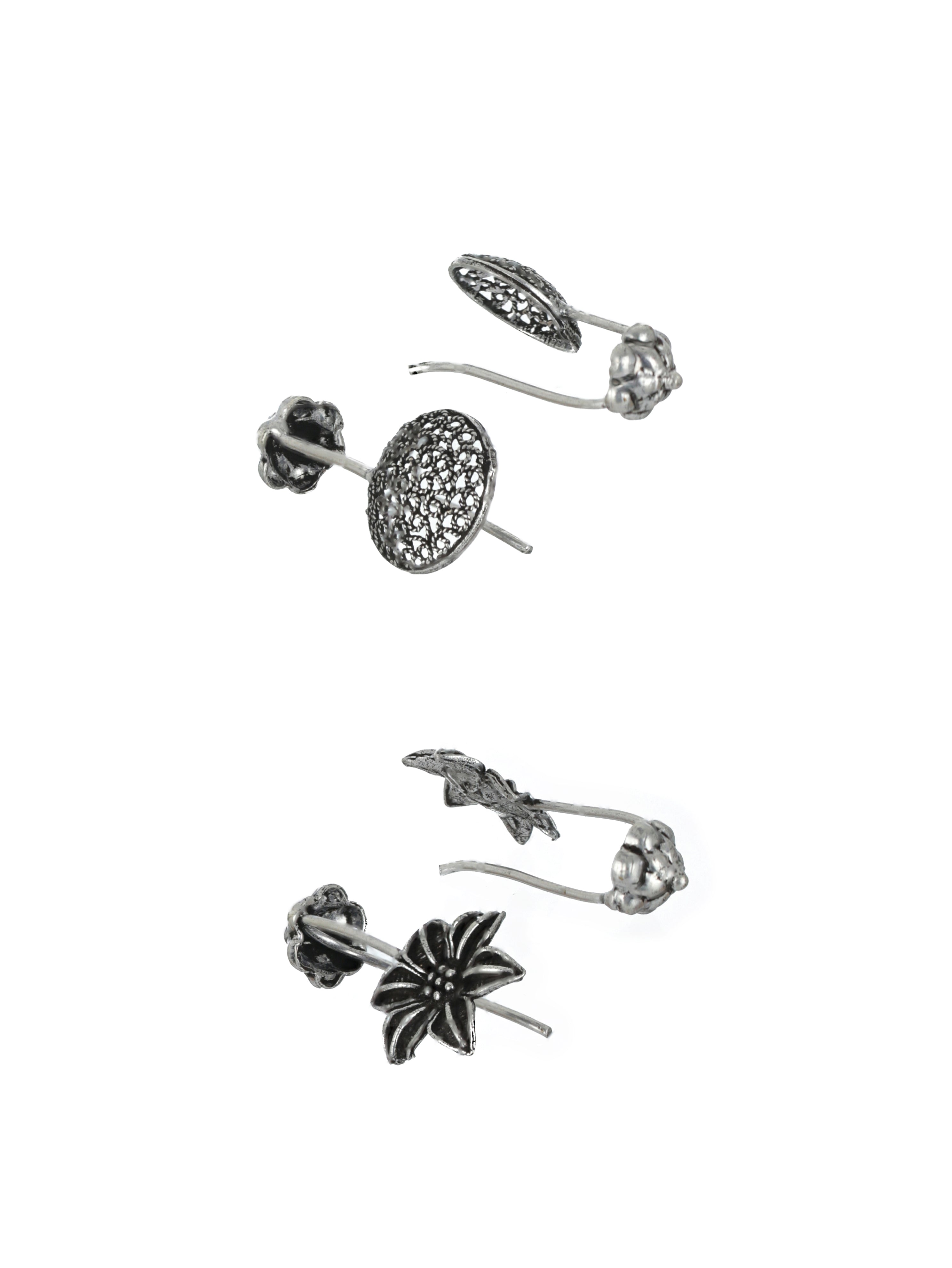 Set of 2 Silver-Toned & Floral Ear Cuff Earrings - Jazzandsizzle