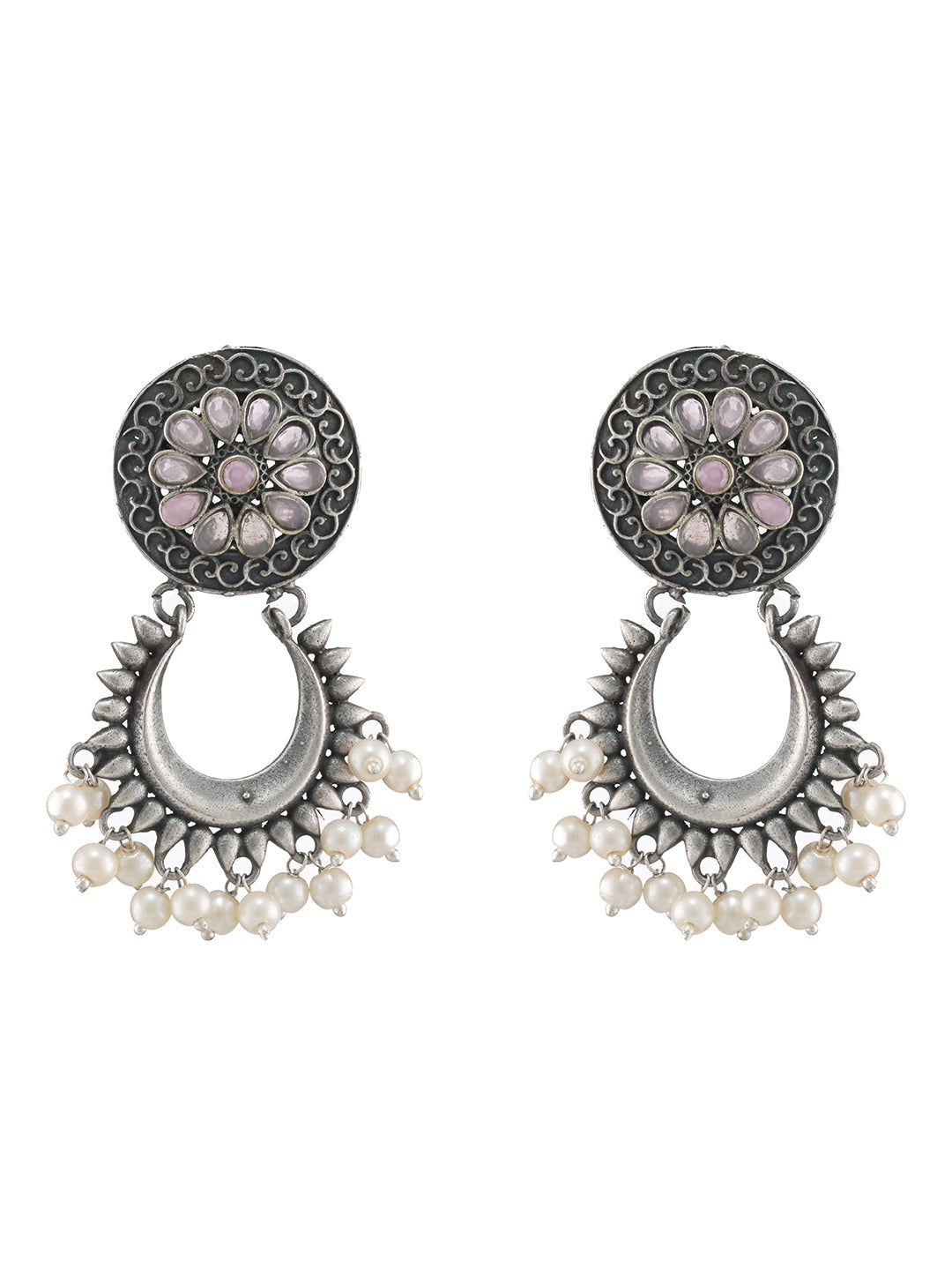 Pink & Silver-Plated Oxidised Pearls Contemporary Chandbalis Earrings - Jazzandsizzle