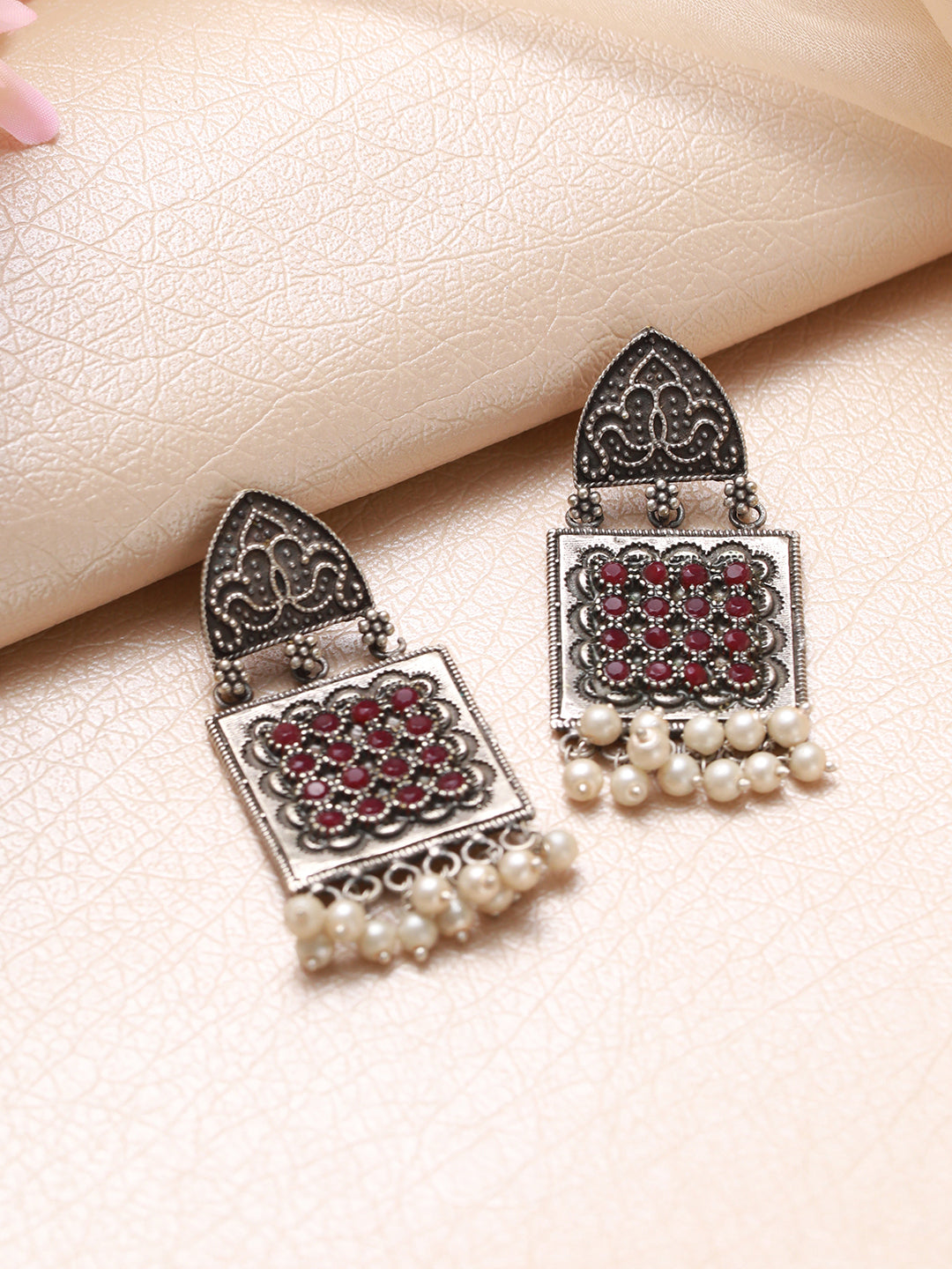 Red Stone & Pearl Studded Silver-Toned Contemporary Drop Earrings - Jazzandsizzle