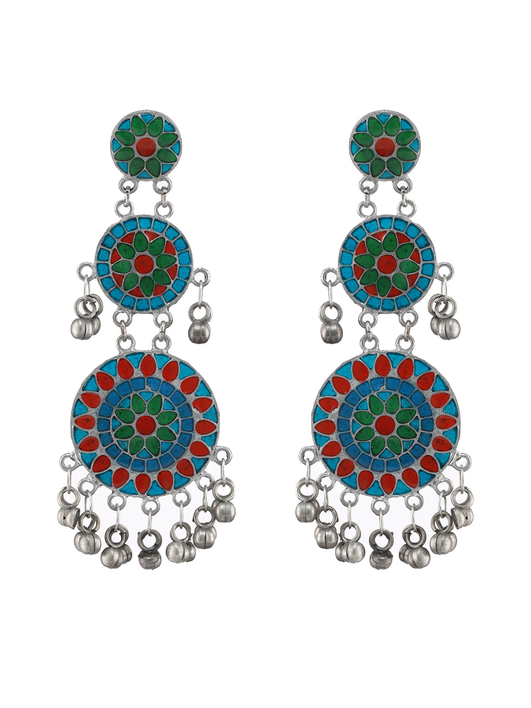 Silver-Plated Oxidised Multi colored Handpainted Drop Earrings - Jazzandsizzle