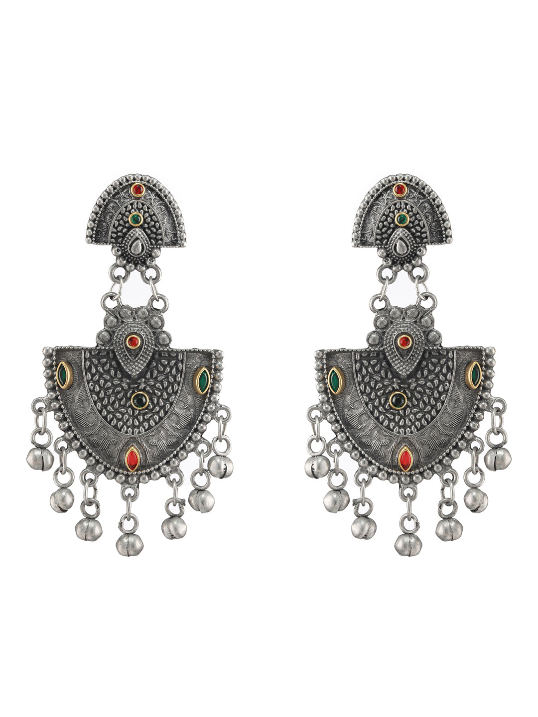 Silver-Toned ,Red & Green Kundan Studed Ghungroo Drop Earrings - Jazzandsizzle