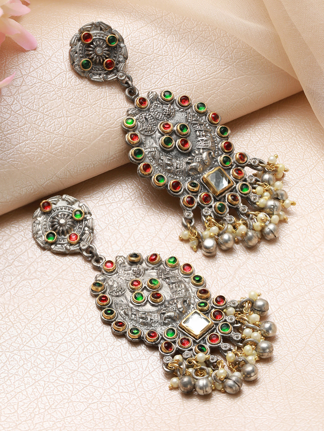 Red & Green Kundan Studded & Beaded Dual Toned Drop Earrings - Jazzandsizzle