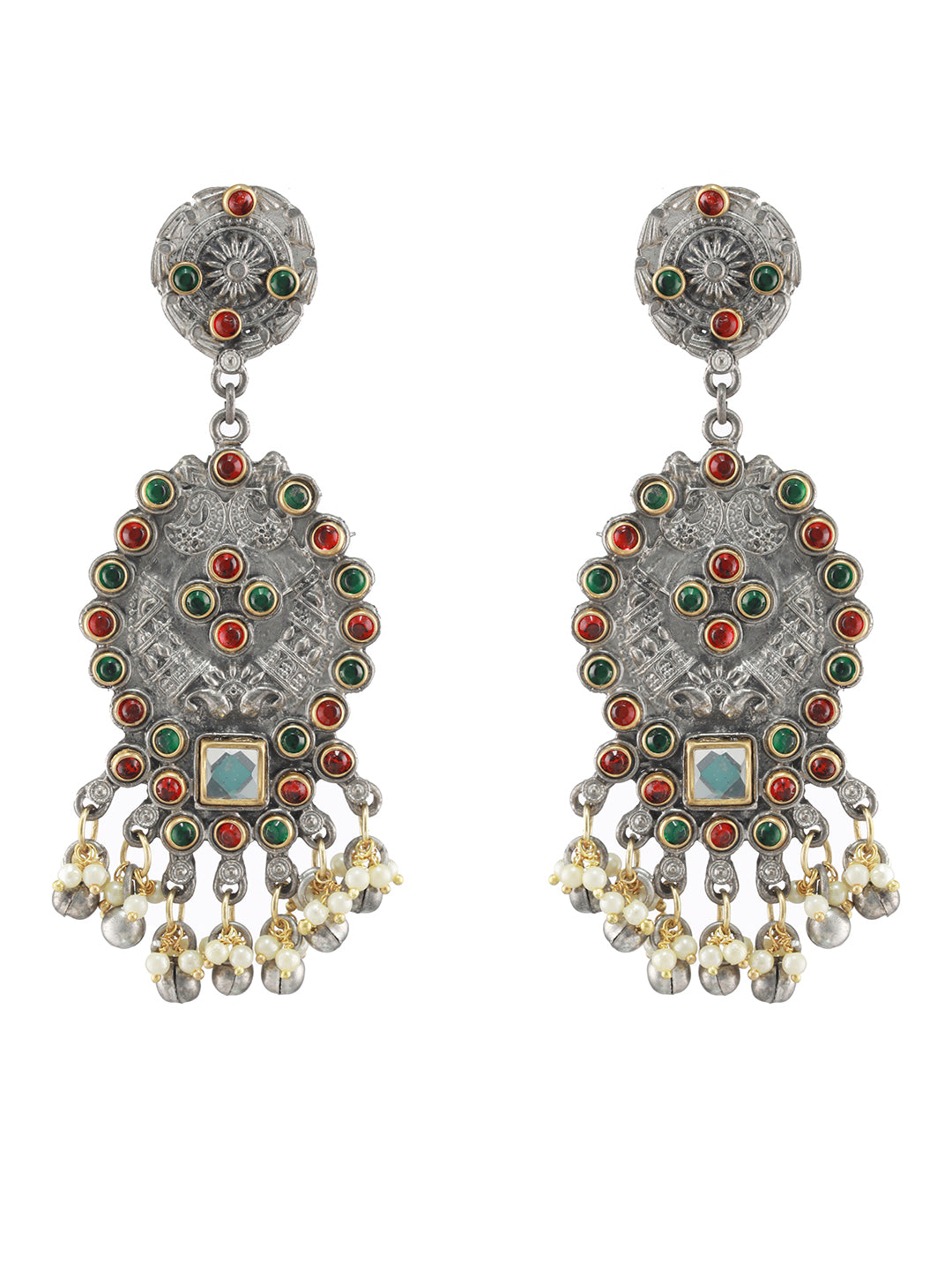 Red & Green Kundan Studded & Beaded Dual Toned Drop Earrings - Jazzandsizzle
