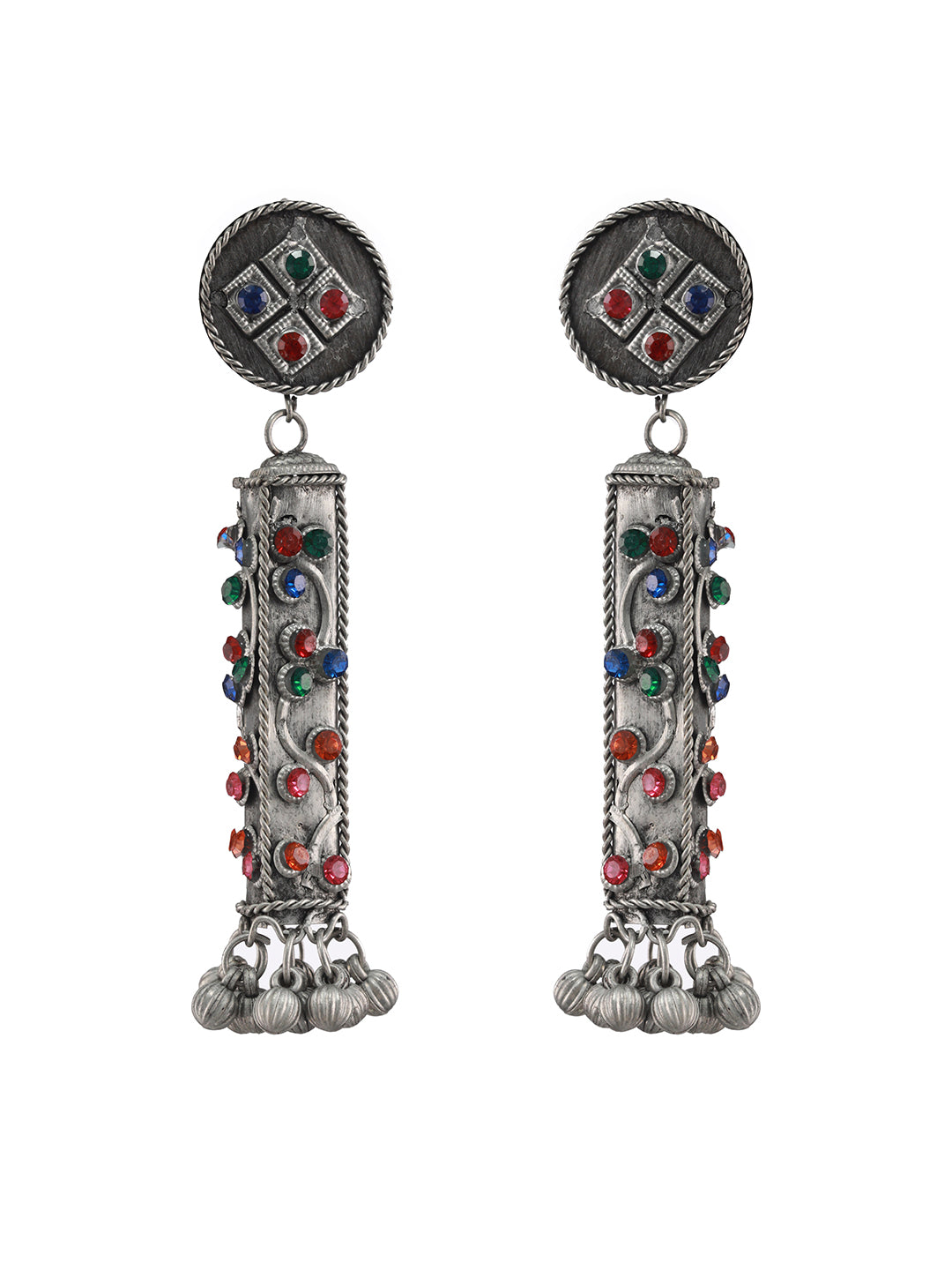 Silver-Toned, Multicolored Stone Studded Ghungroo Drop Earrings - Jazzandsizzle