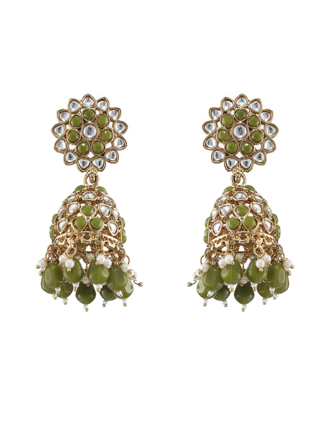 Gold Plated Green & White Kundan Studded & Pearl Beaded Jhumka Earrings - Jazzandsizzle