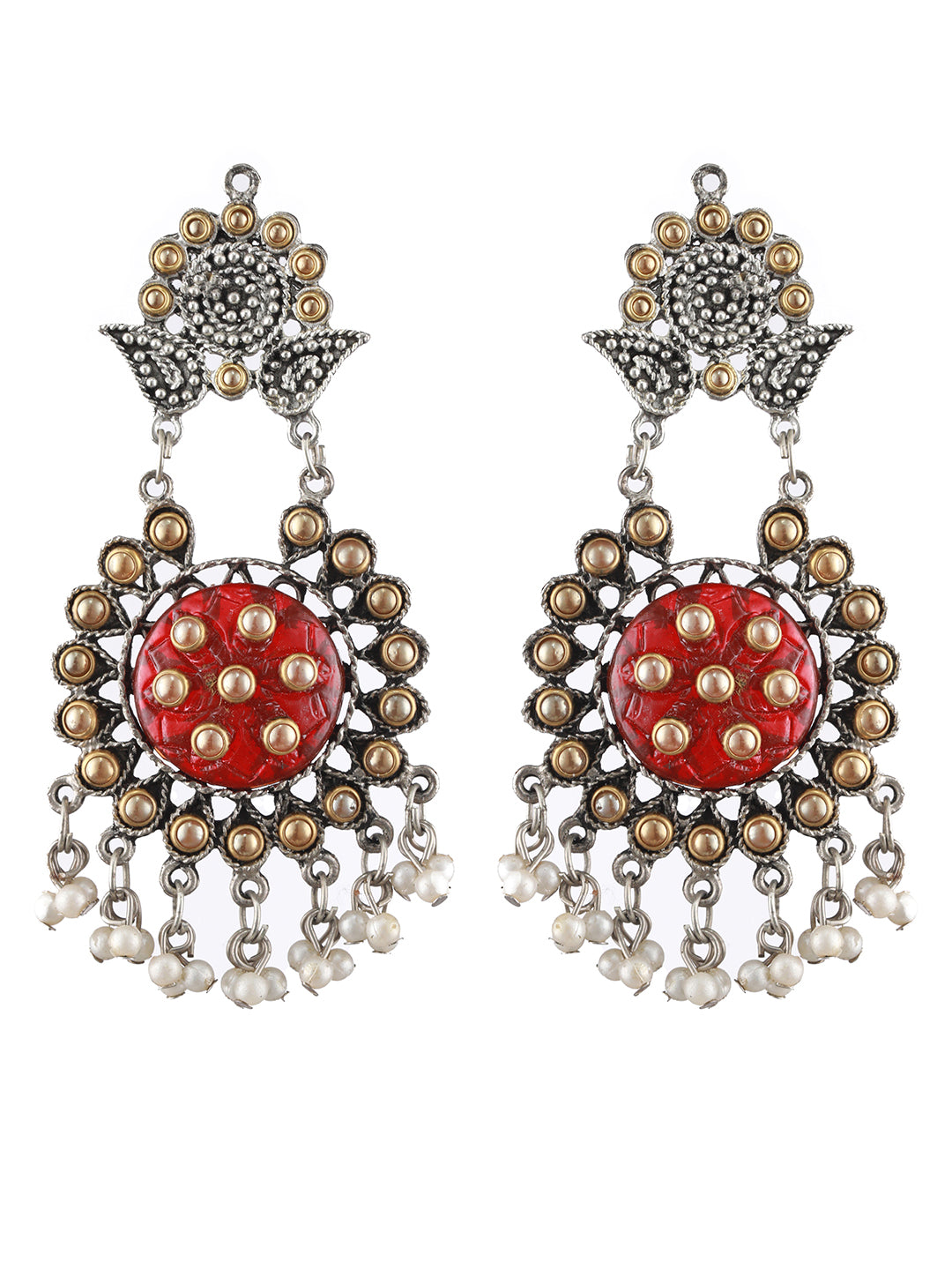 Dual Toned White Kundan Studded & Pearl Beaded Orange Drop Earrings - Jazzandsizzle