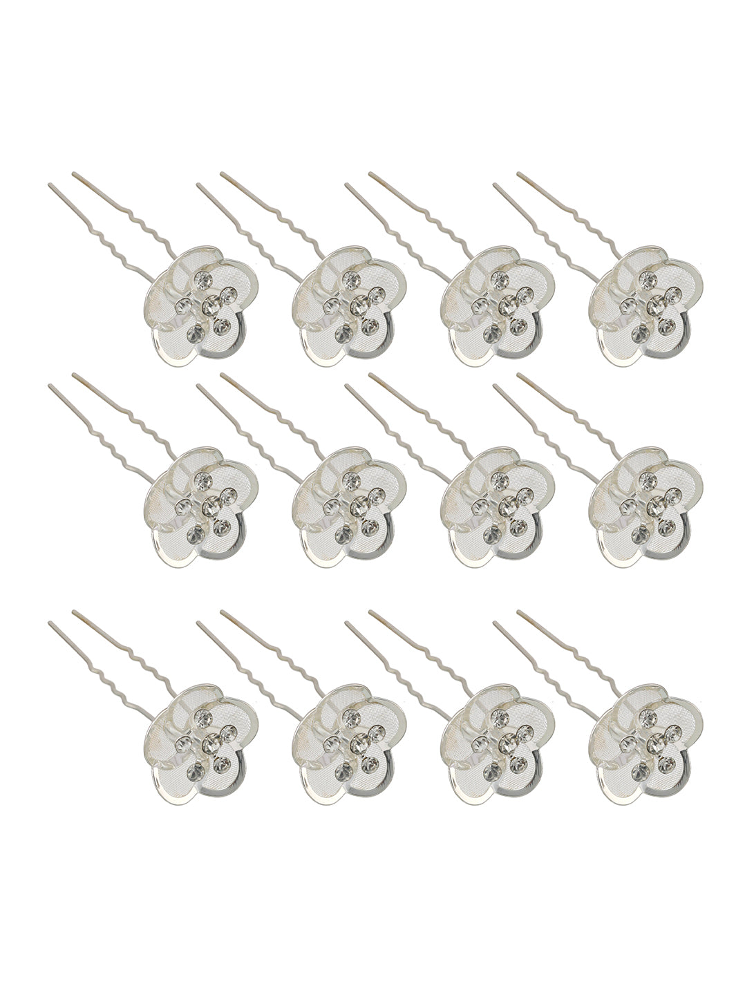 Women Set of 12 Silver-Toned & White Embelished Beaded U Pins - Jazzandsizzle