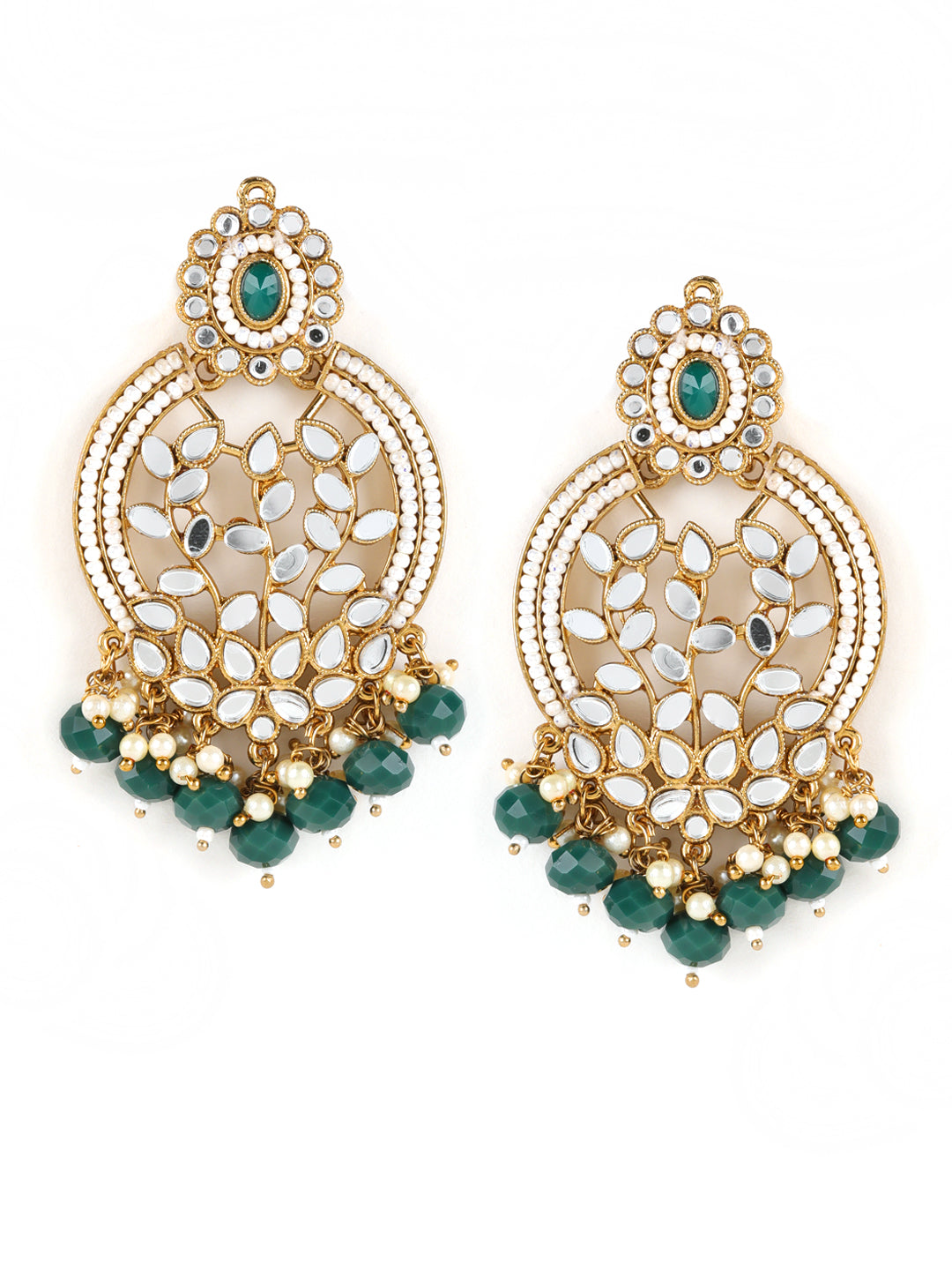 Green Gold-Plated stone Studded & Beadded Classic Drop Earrings - Jazzandsizzle