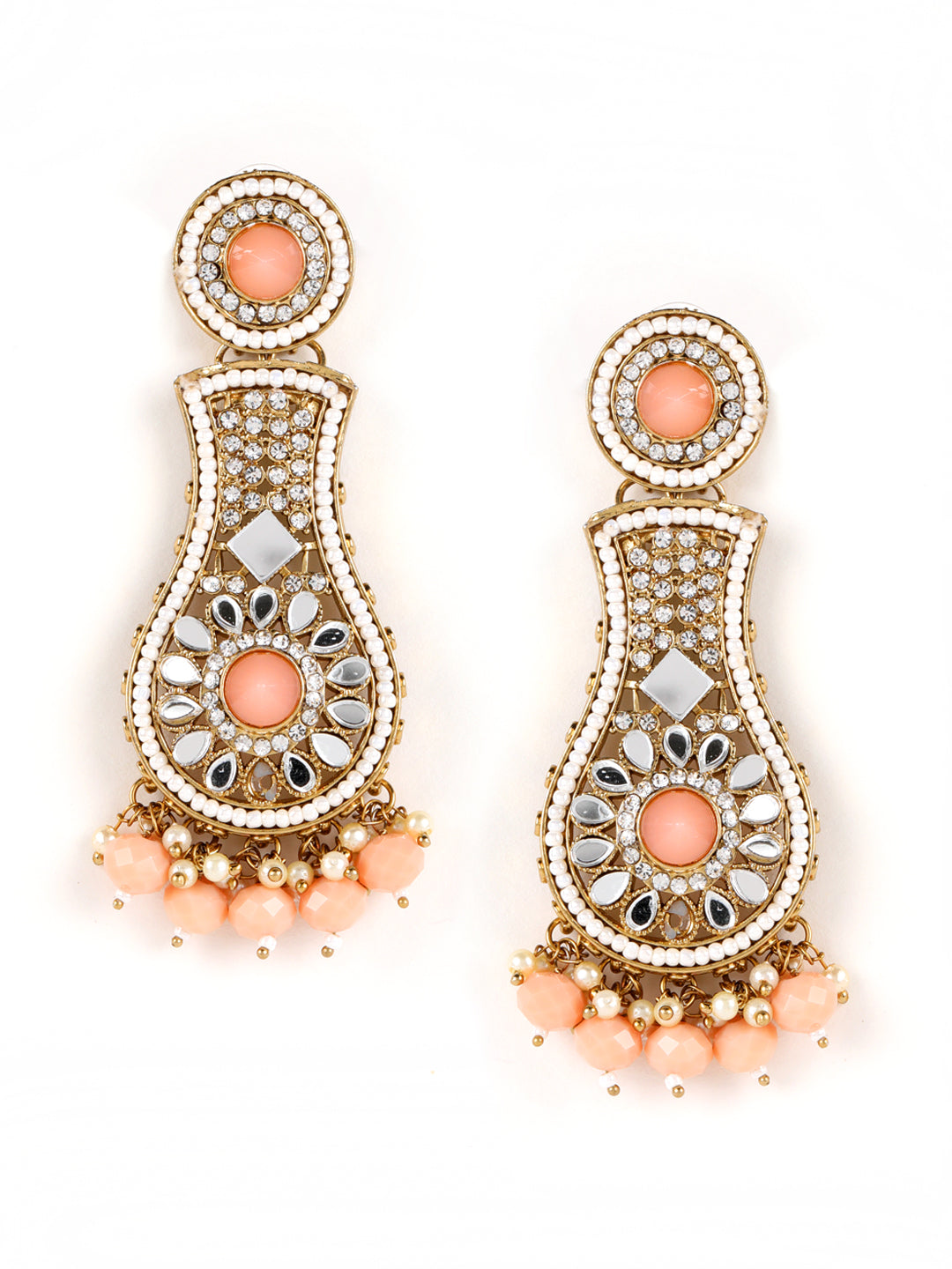 Peach coloured Kundan Studded & Beaded Classic Drop Earrings - Jazzandsizzle