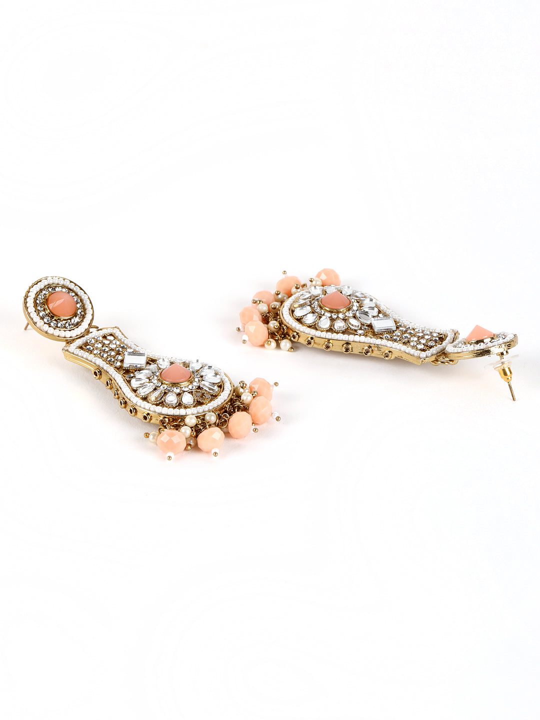 Peach coloured Kundan Studded & Beaded Classic Drop Earrings - Jazzandsizzle