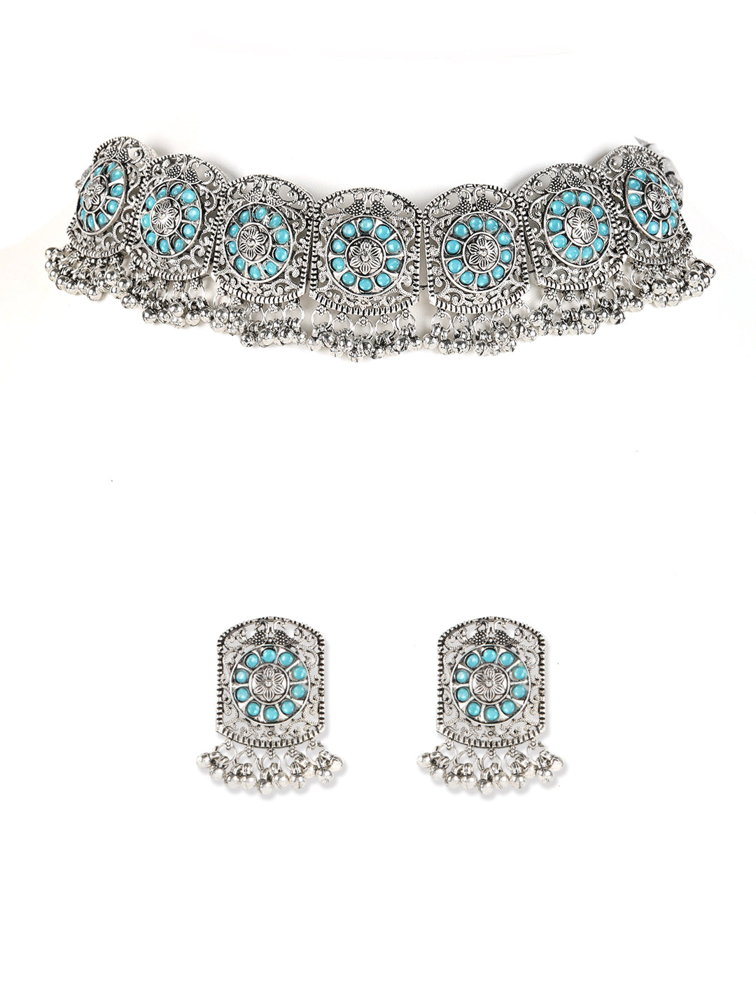 Blue Stones Studded Silver Plated Choker Set - Jazzandsizzle